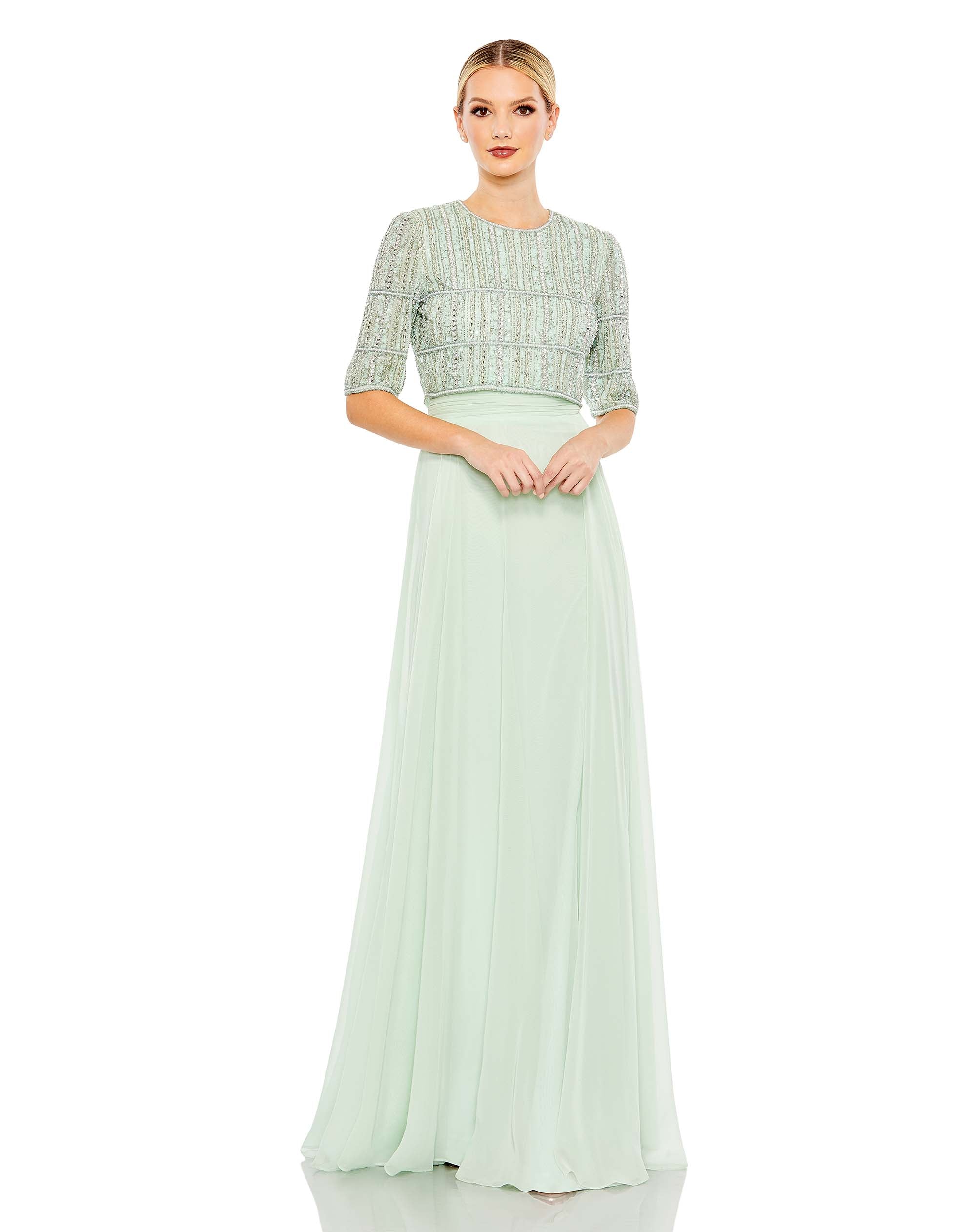 Chiffon Gown w/ Fully Beaded 3/4 Sleeve Top