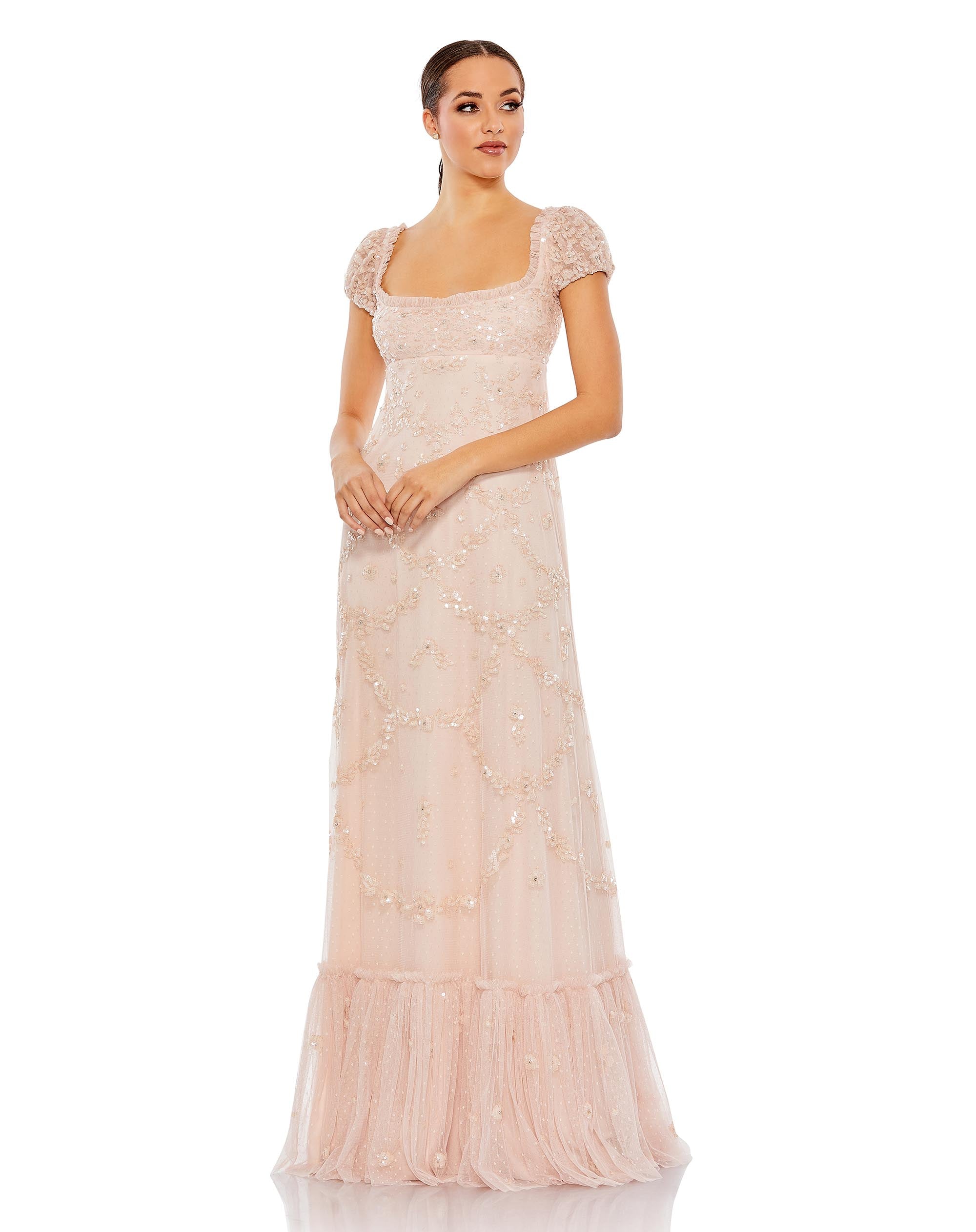 Sequined Empire Waist Puff Cap Sleeve Gown