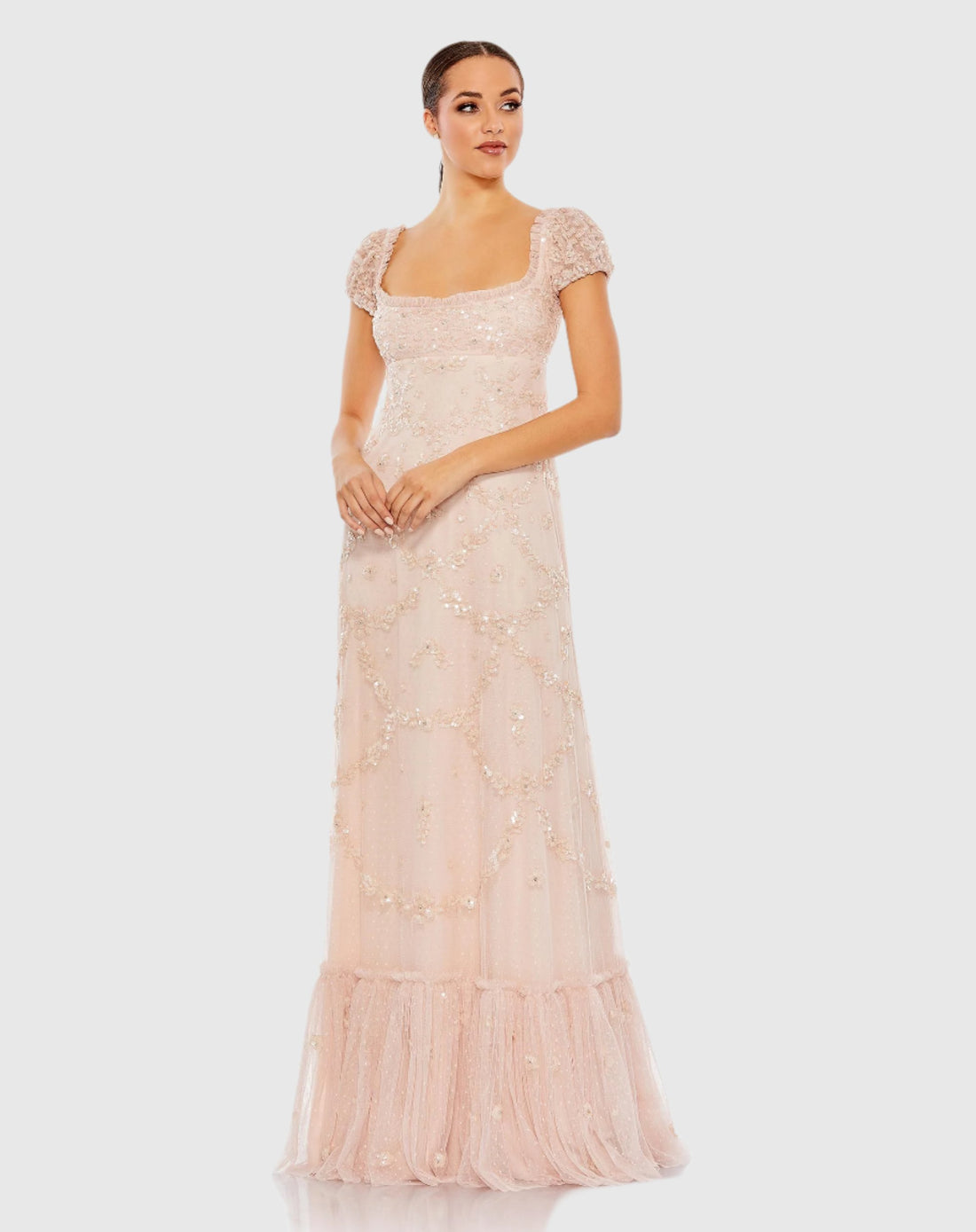 Sequined Empire Waist Puff Cap Sleeve Gown