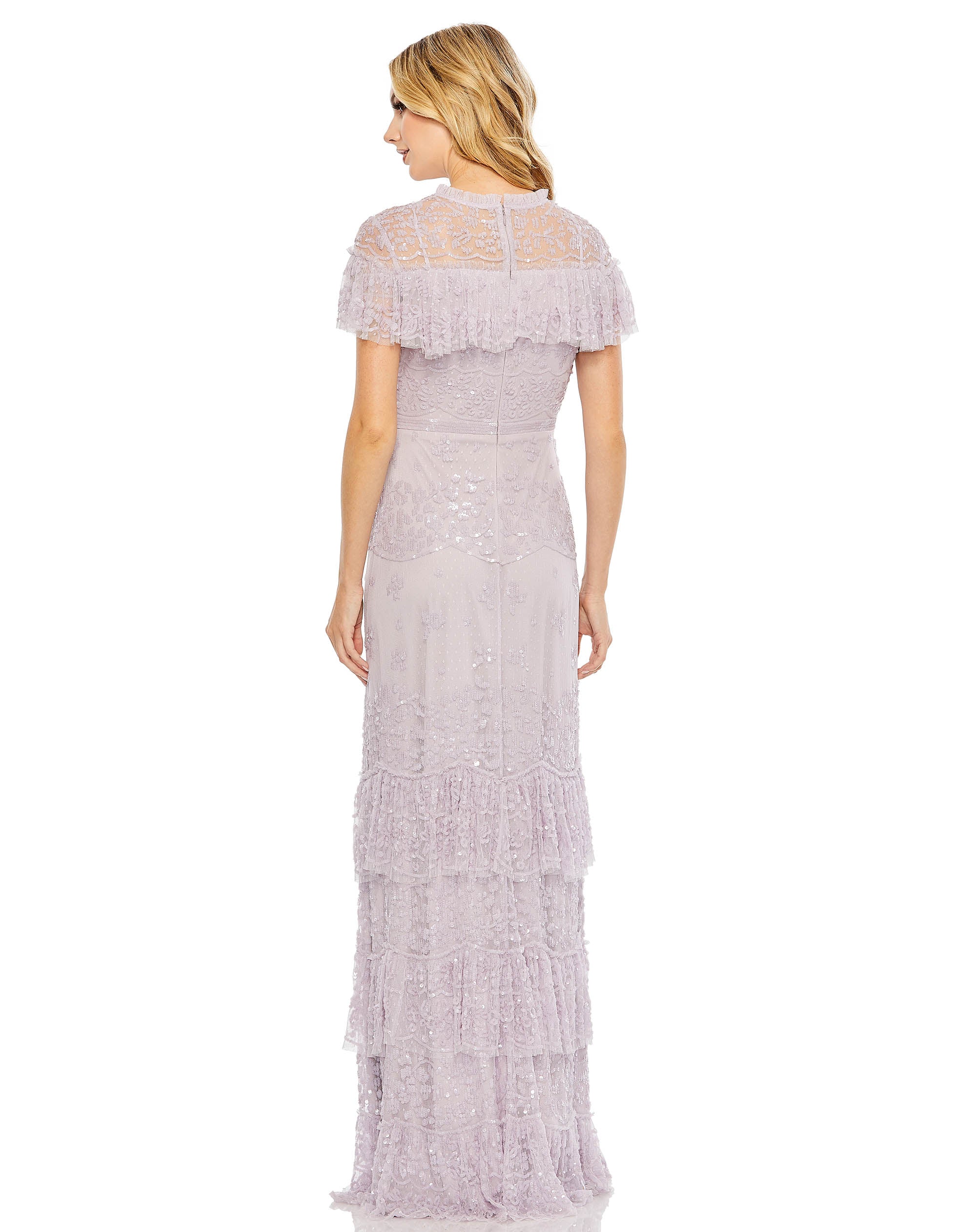 Embellished Cap Sleeve Ruffle Tiered Gown