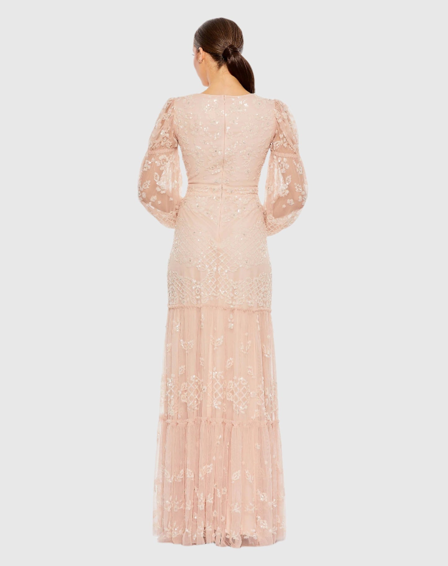 Sequined Tiered Wrap Over Puff Sleeve Gown