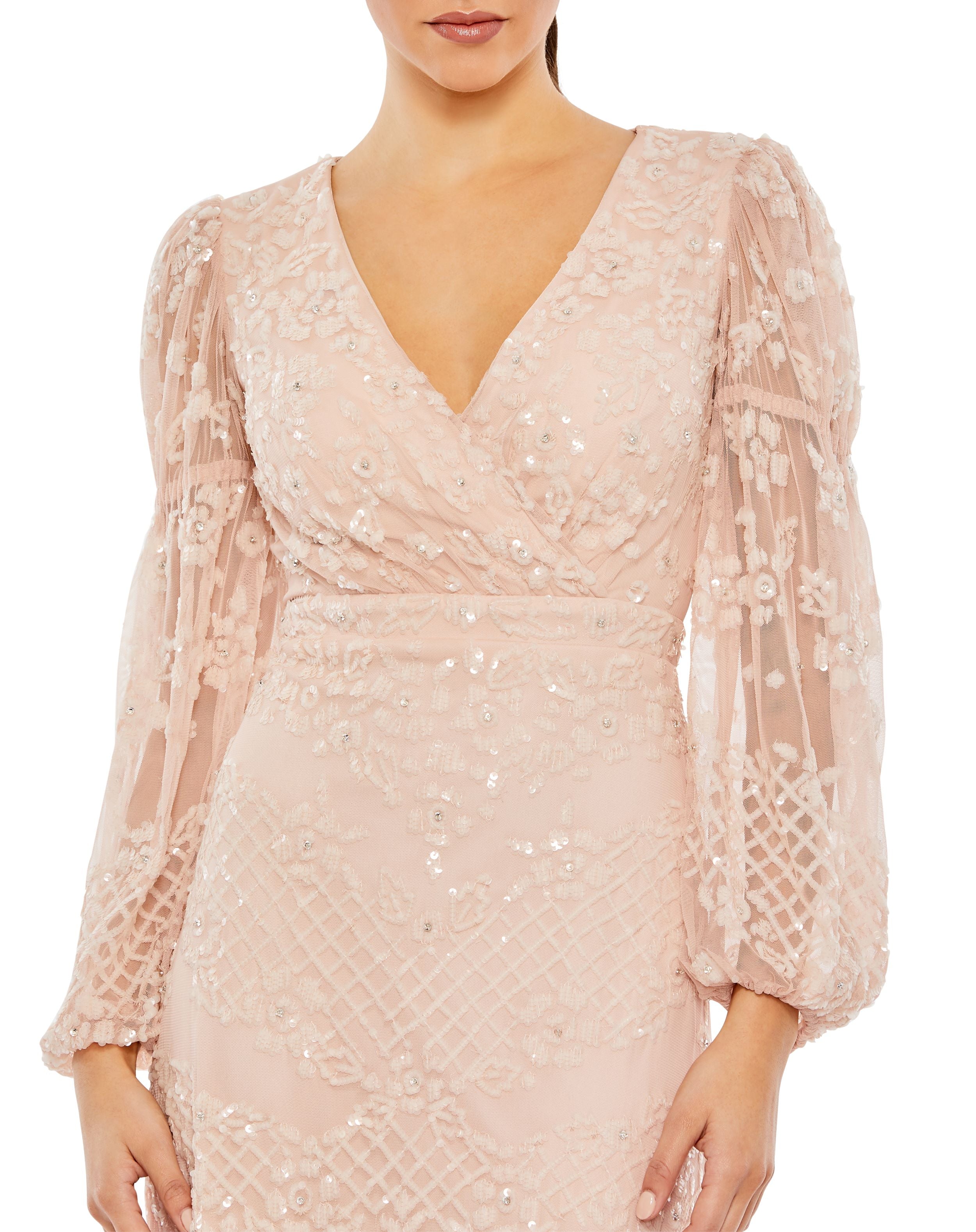 Sequined Tiered Wrap Over Puff Sleeve Gown
