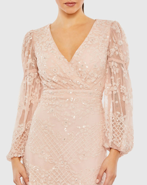 Sequined Tiered Wrap Over Puff Sleeve Gown