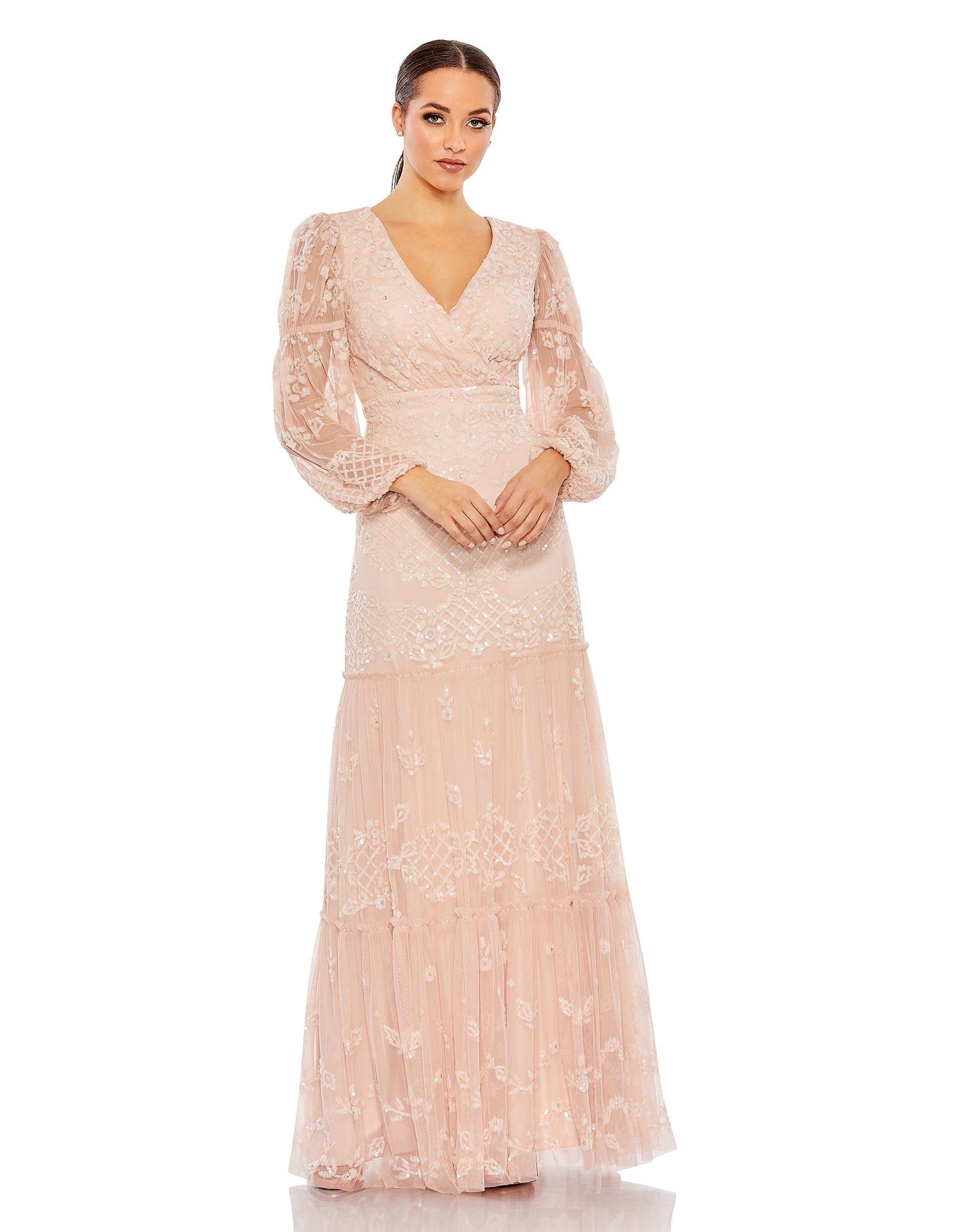 Sequined Tiered Wrap Over Puff Sleeve Gown
