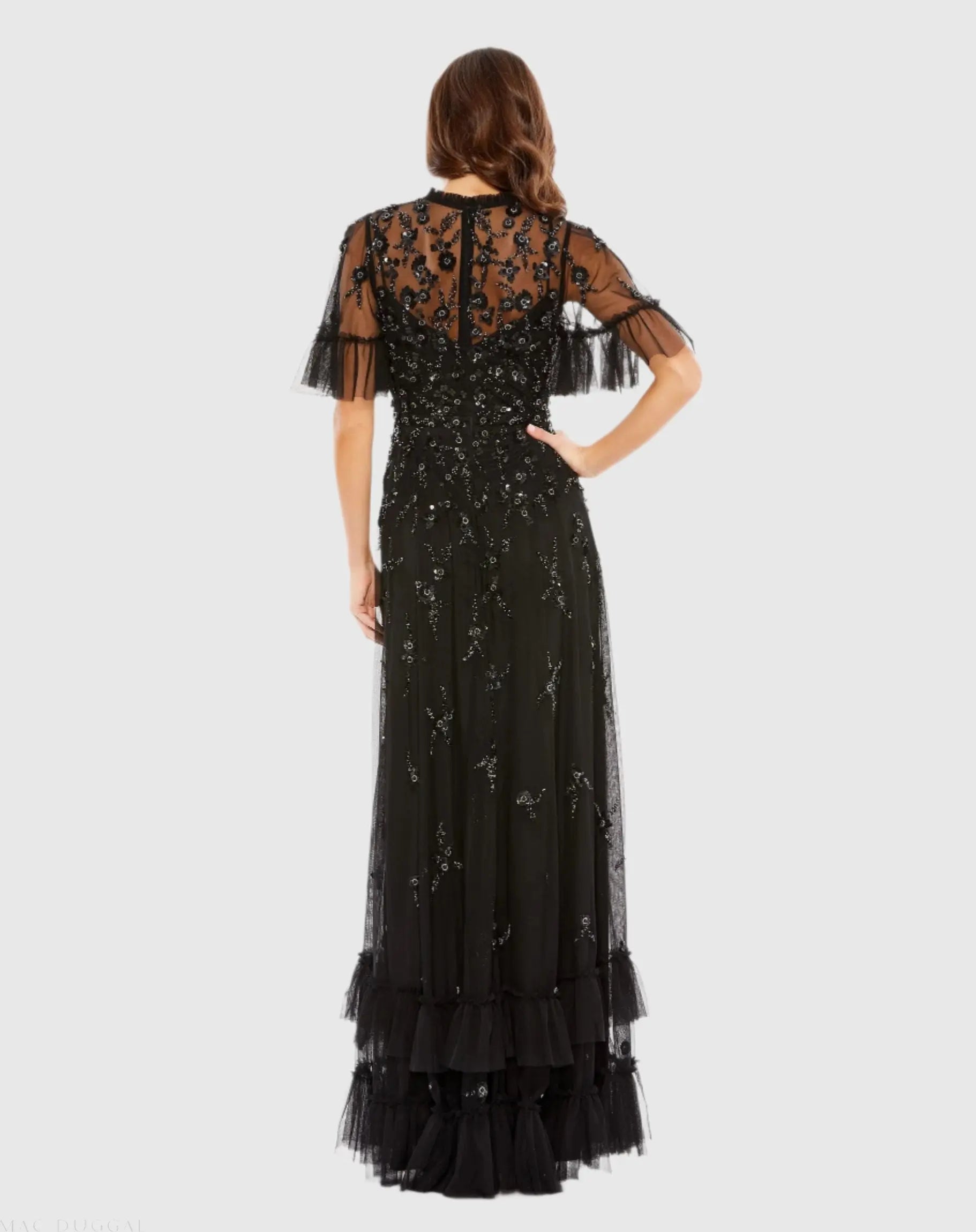 Black Ruffled Floral Embellished Flutter Sleeve A-Line Gown - Mac Duggal