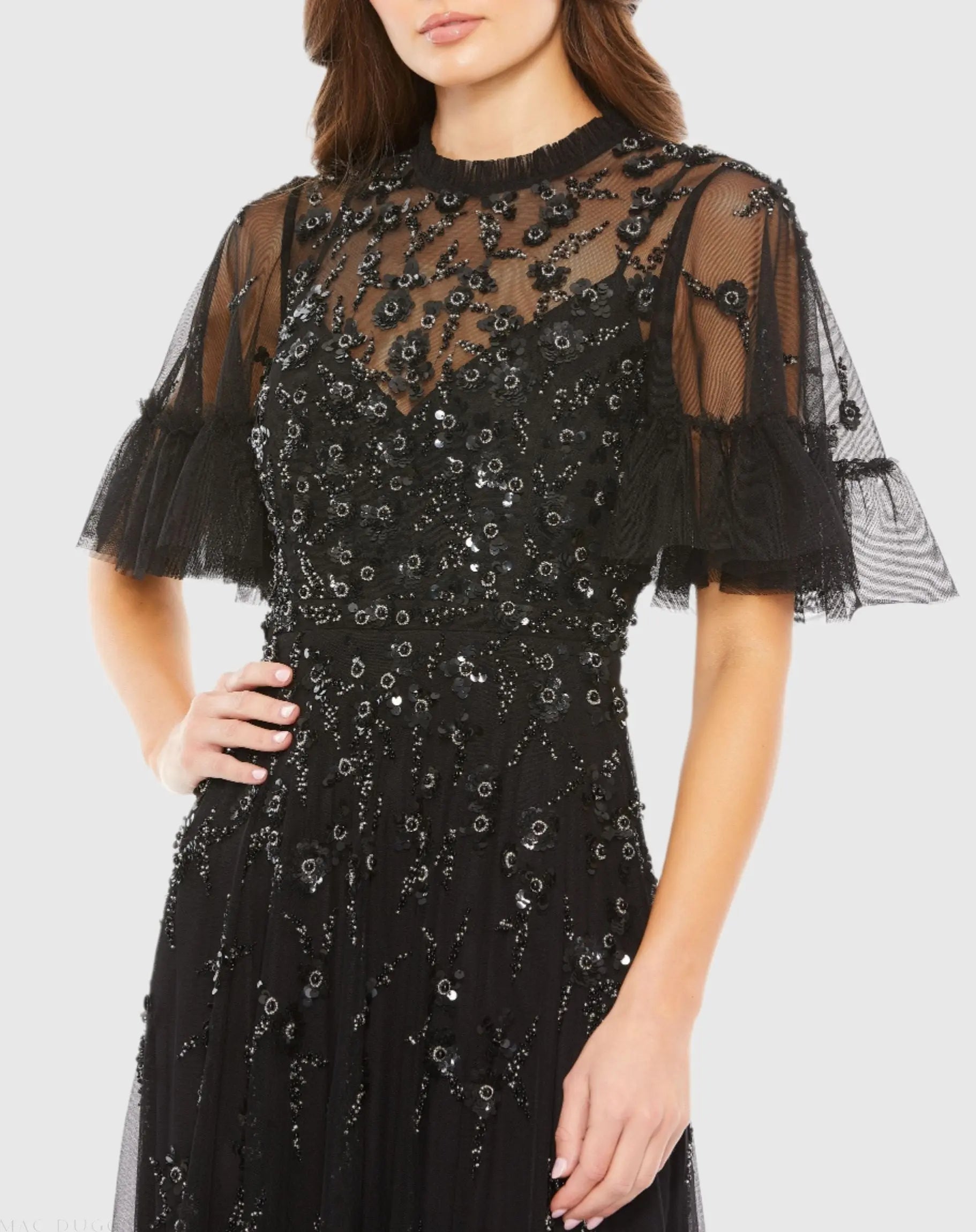 Black Ruffled Floral Embellished Flutter Sleeve A-Line Gown - Mac Duggal