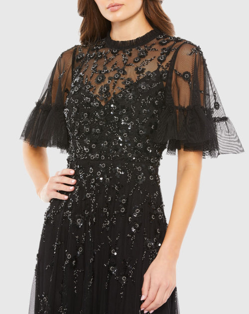 Ruffled Floral Embellished Flutter Sleeve A-Line Gown