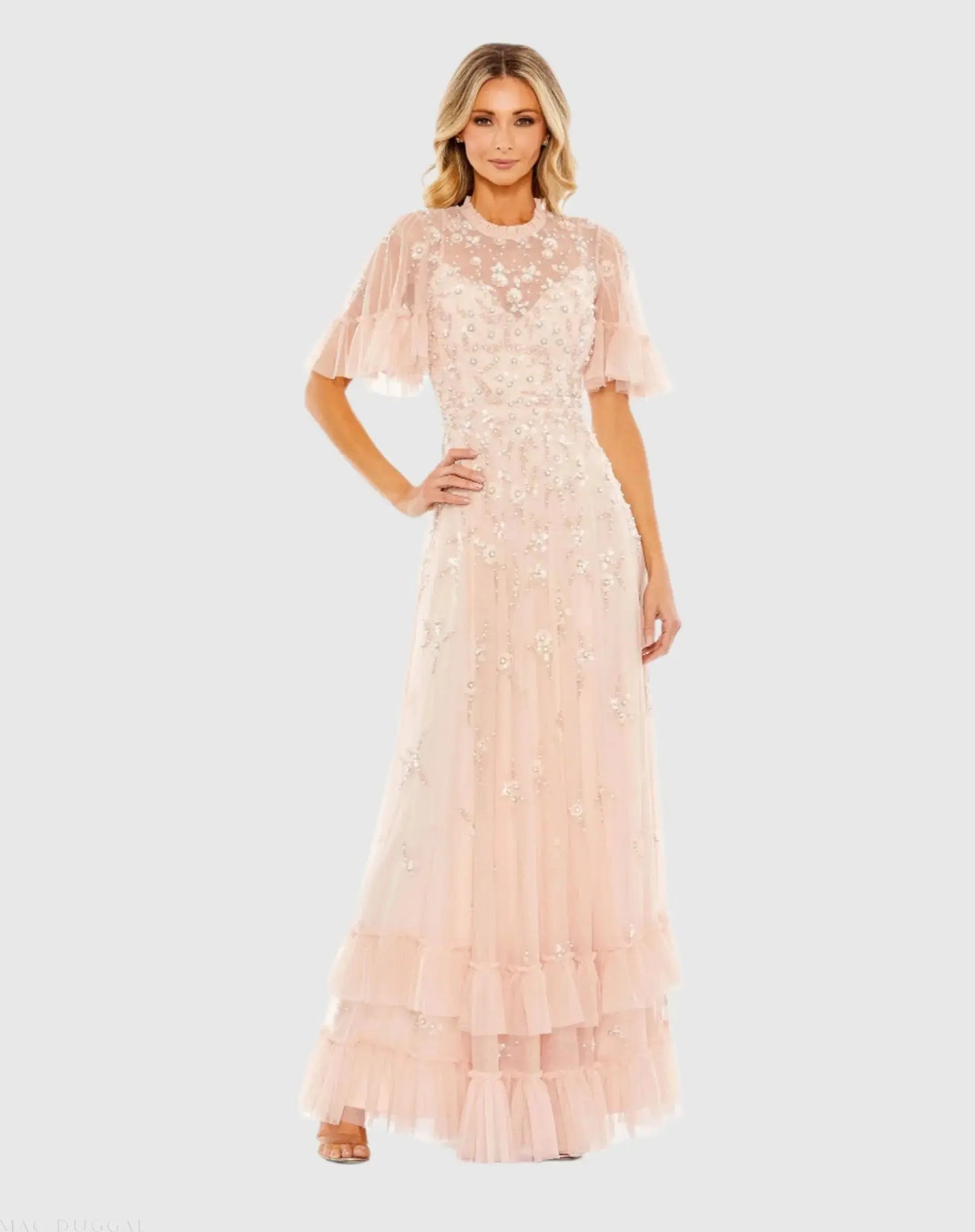 Mac Duggal - Ruffled Floral Embellished Flutter Sleeve A-Line Gown