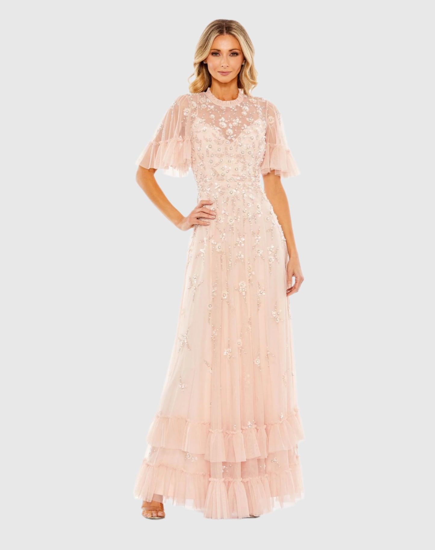 Ruffled Floral Embellished Flutter Sleeve A-Line Gown