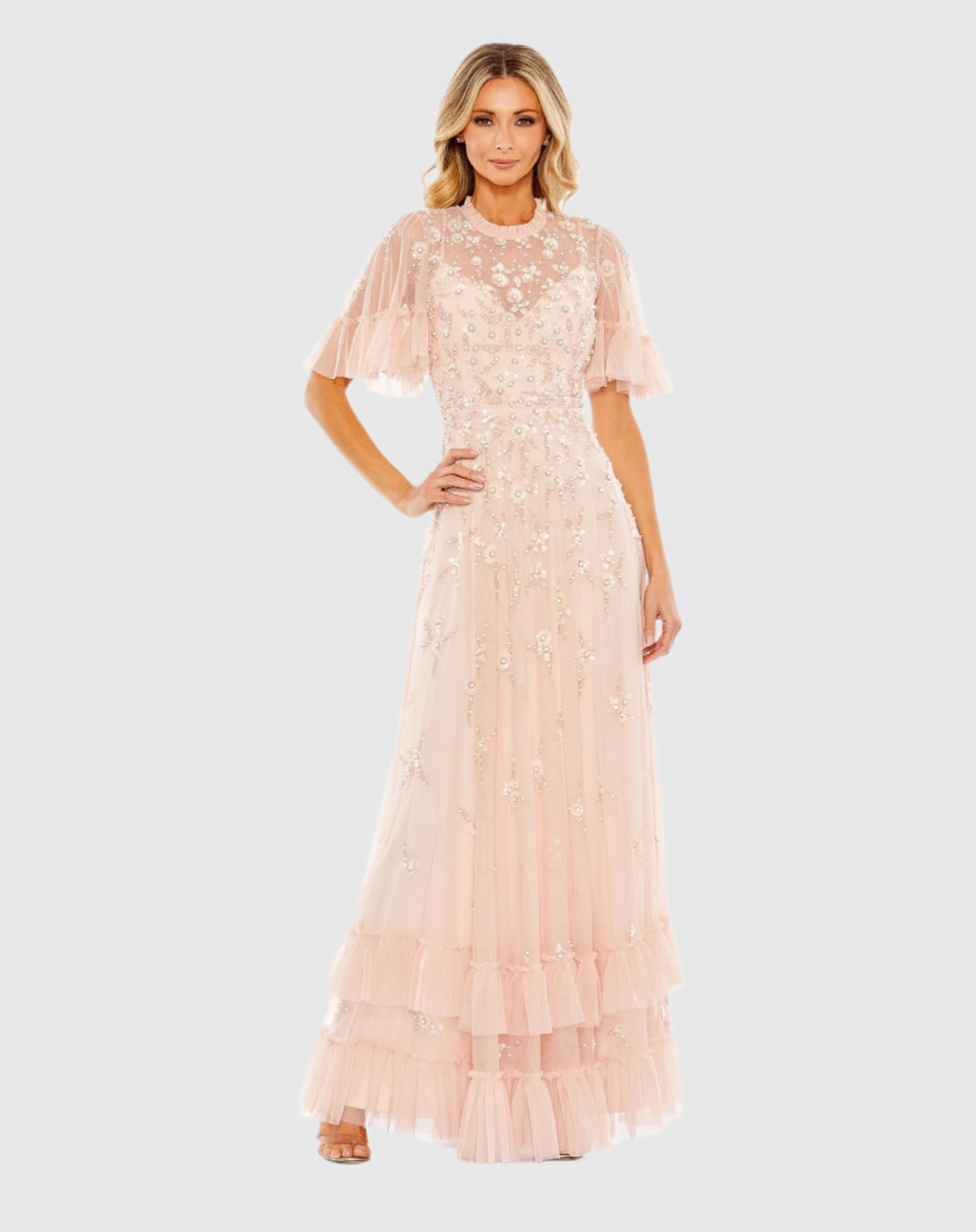 Ruffled Floral Embellished Flutter Sleeve A-Line Gown