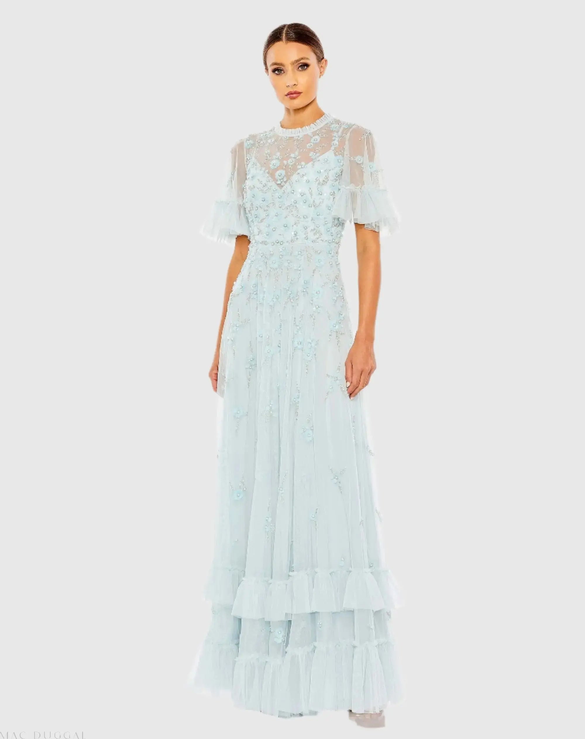 Ruffled Floral Embellished Flutter Sleeve A-Line Gown Ruffled Floral Embellished Flutter Sleeve A-Line Gown