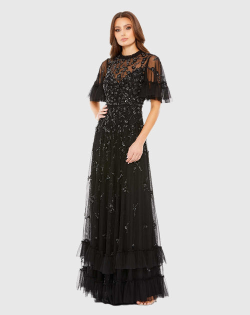 Ruffled Floral Embellished Flutter Sleeve A-Line Gown