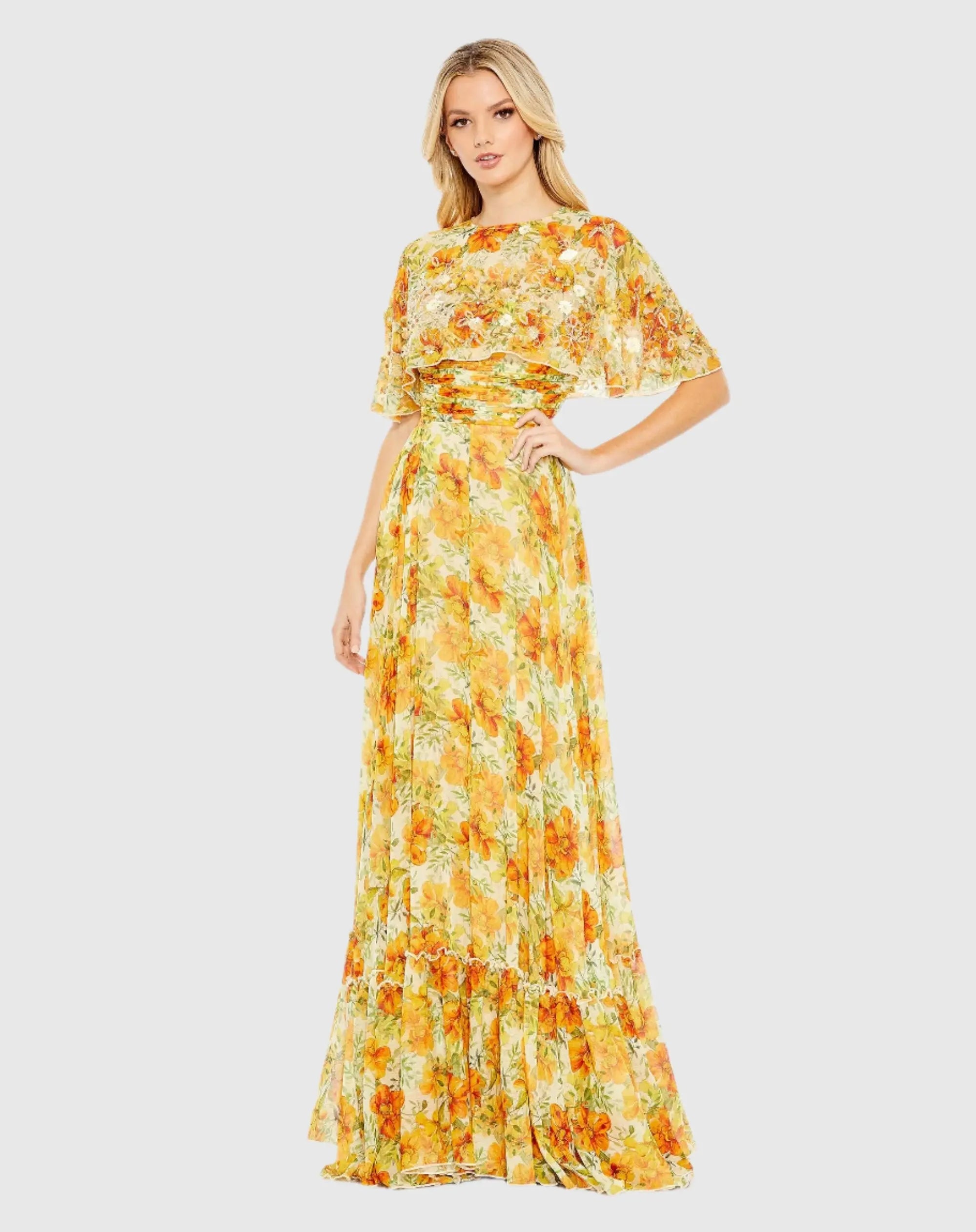 Yellow High Neck A-Line Floral Gown with Cape Sleeves - Mac Duggal