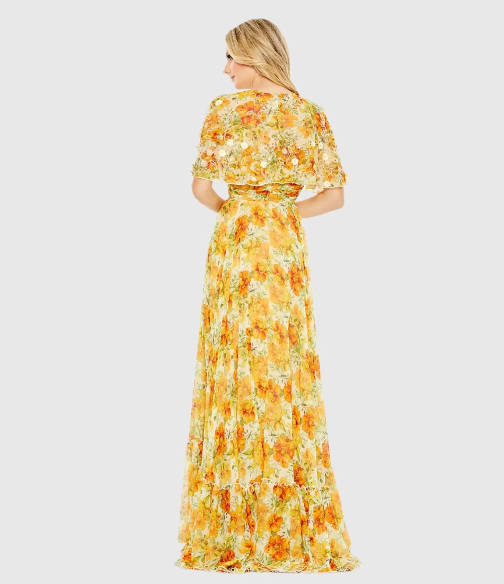 Yellow High Neck A-Line Floral Gown with Cape Sleeves - Mac Duggal