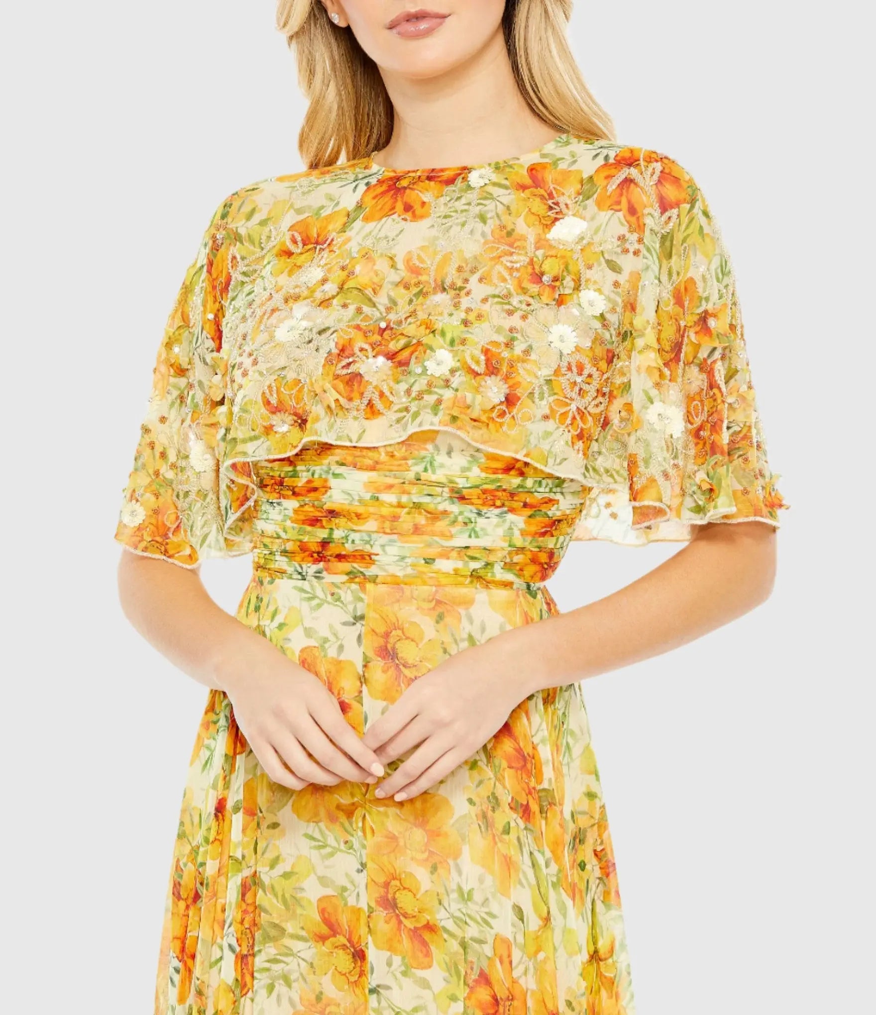 Mac Duggal Floral Print High Neck Cape Sleeve A-Line Gown, Size 16, Yellow Multi