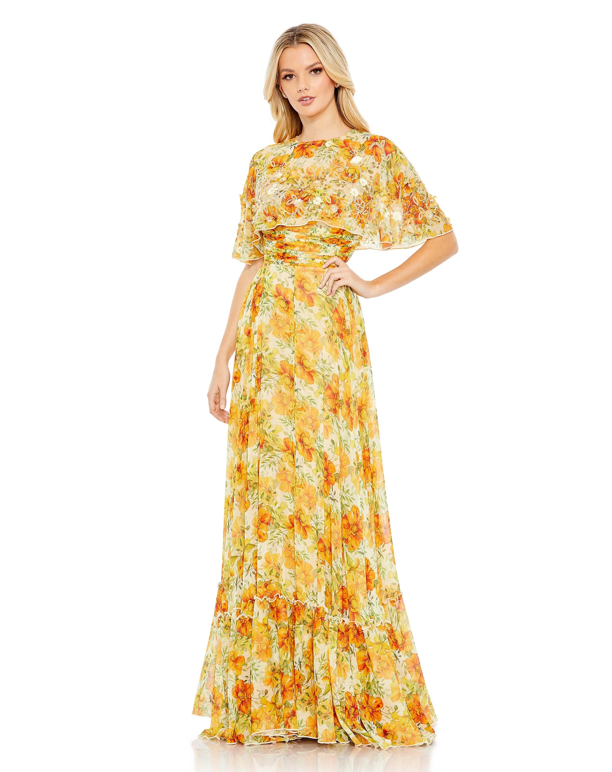 Floral Print High Neck Cape Sleeve A Line Gown