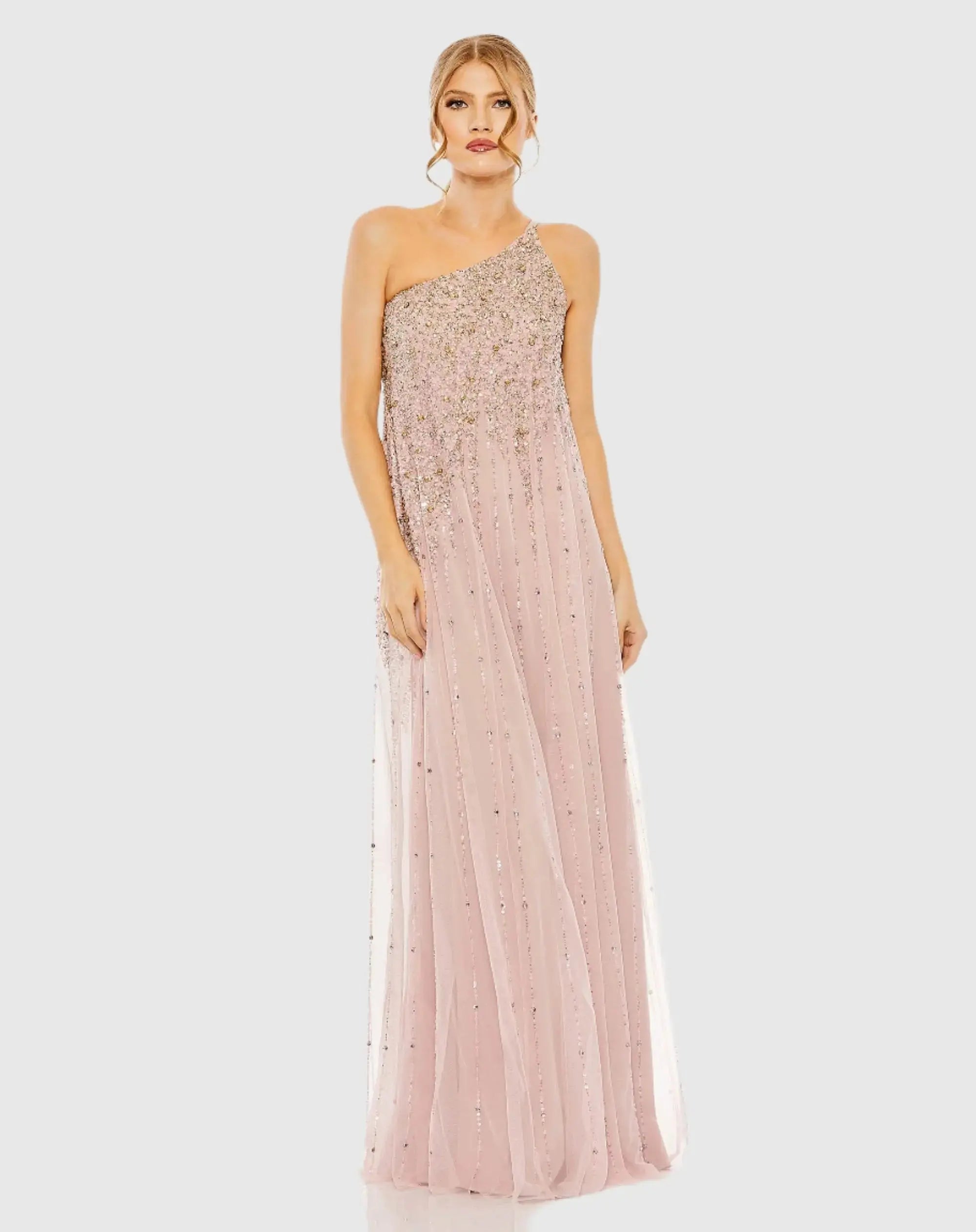 Pink One Shoulder Embellished Trapeze A Line Gown - Mac Duggal