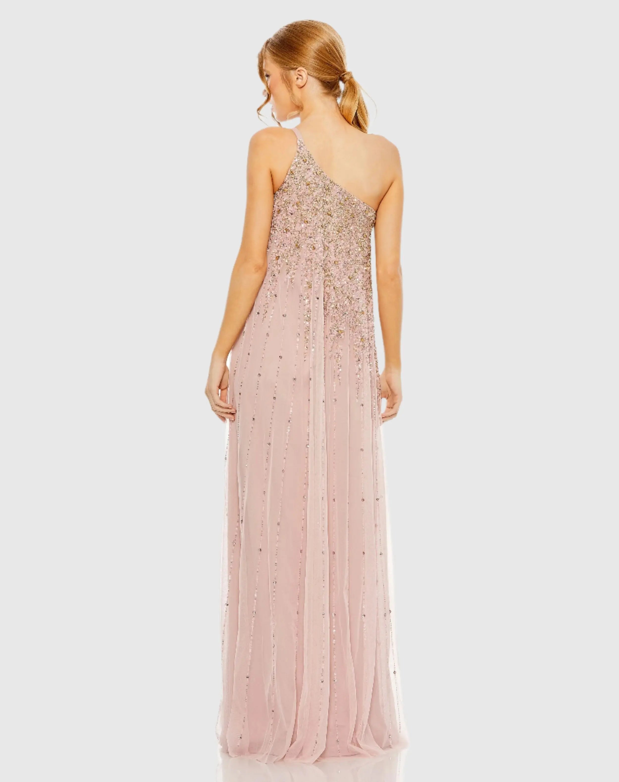 Pink One Shoulder Embellished Trapeze A Line Gown - Mac Duggal