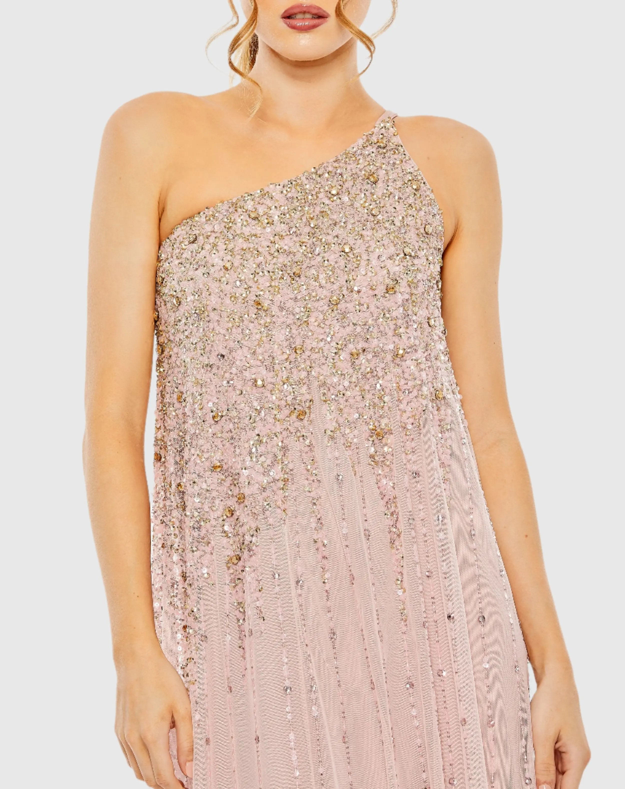 Pink One Shoulder Embellished Trapeze A Line Gown - Mac Duggal