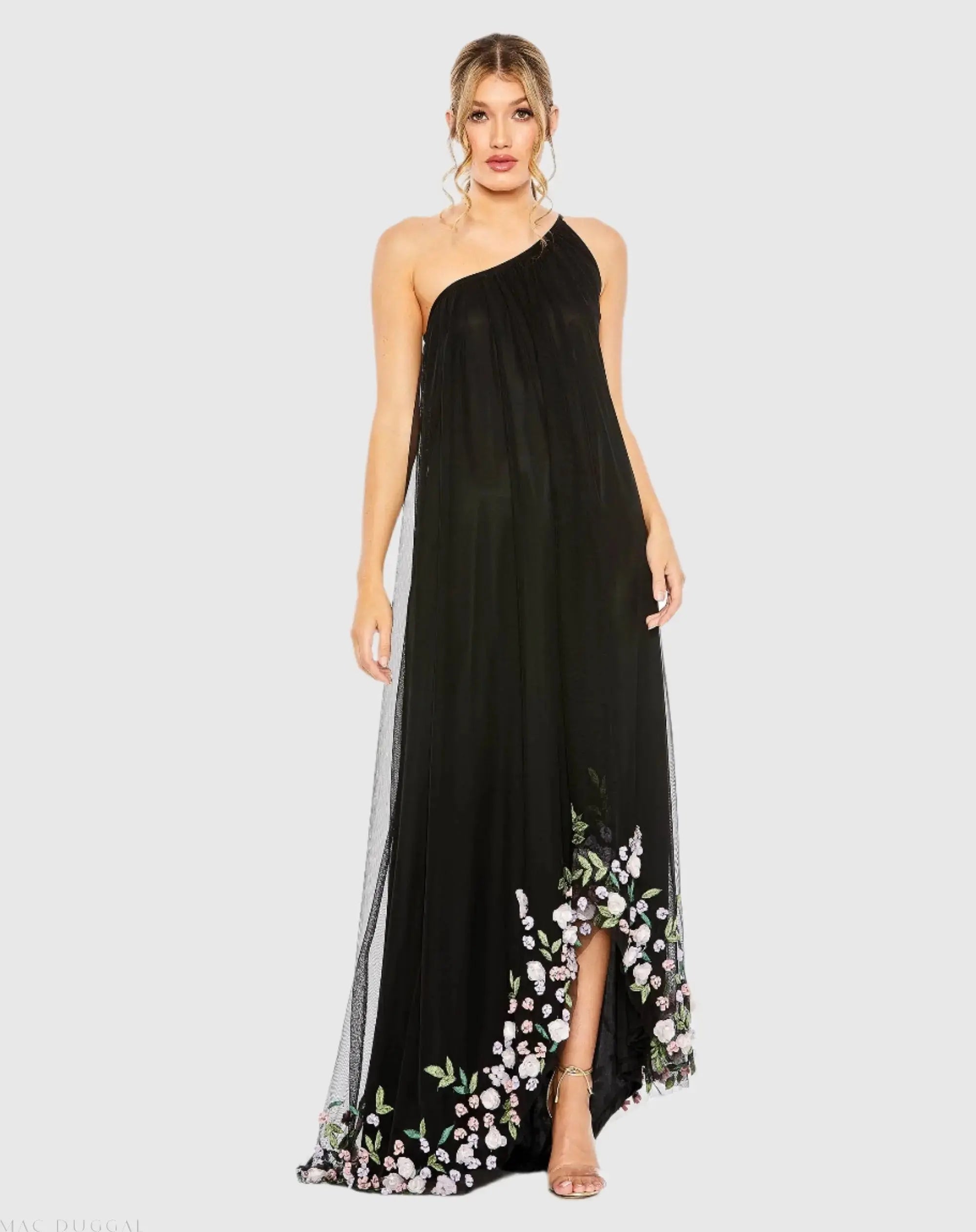 Black One Shoulder Embellished Trapeze Gown | Mac Duggal