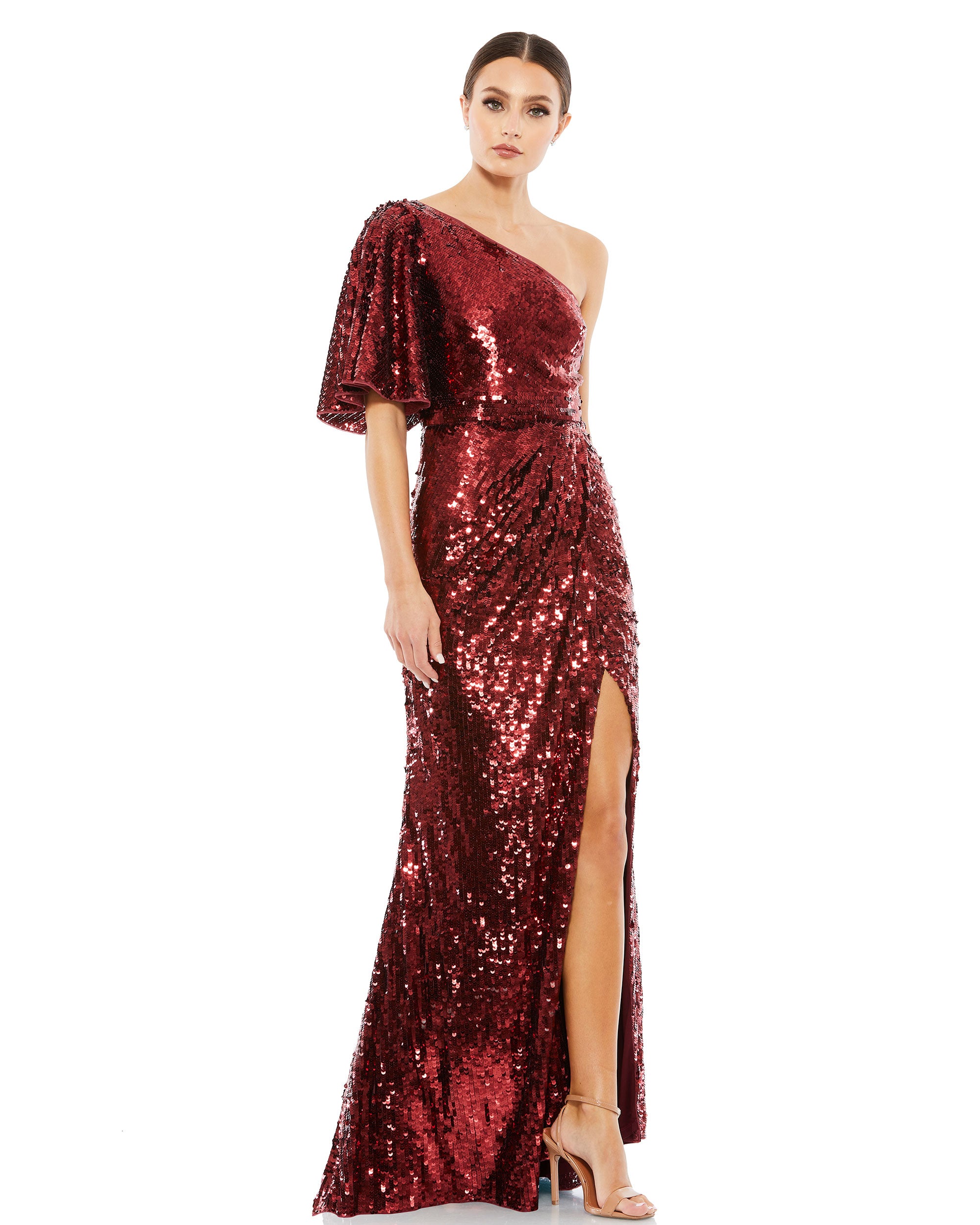 Embellished Cap Sleeve Cowl Neck Trumpet Gown
