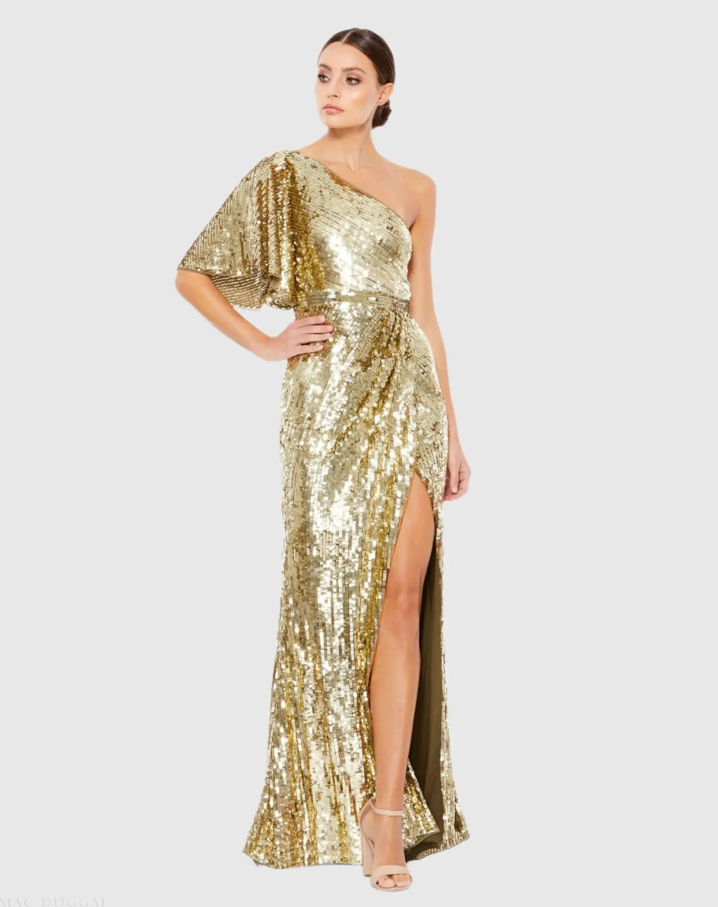 Gold Embellished Cap Sleeve Cowl Neck Trumpet Gown - Mac Duggal