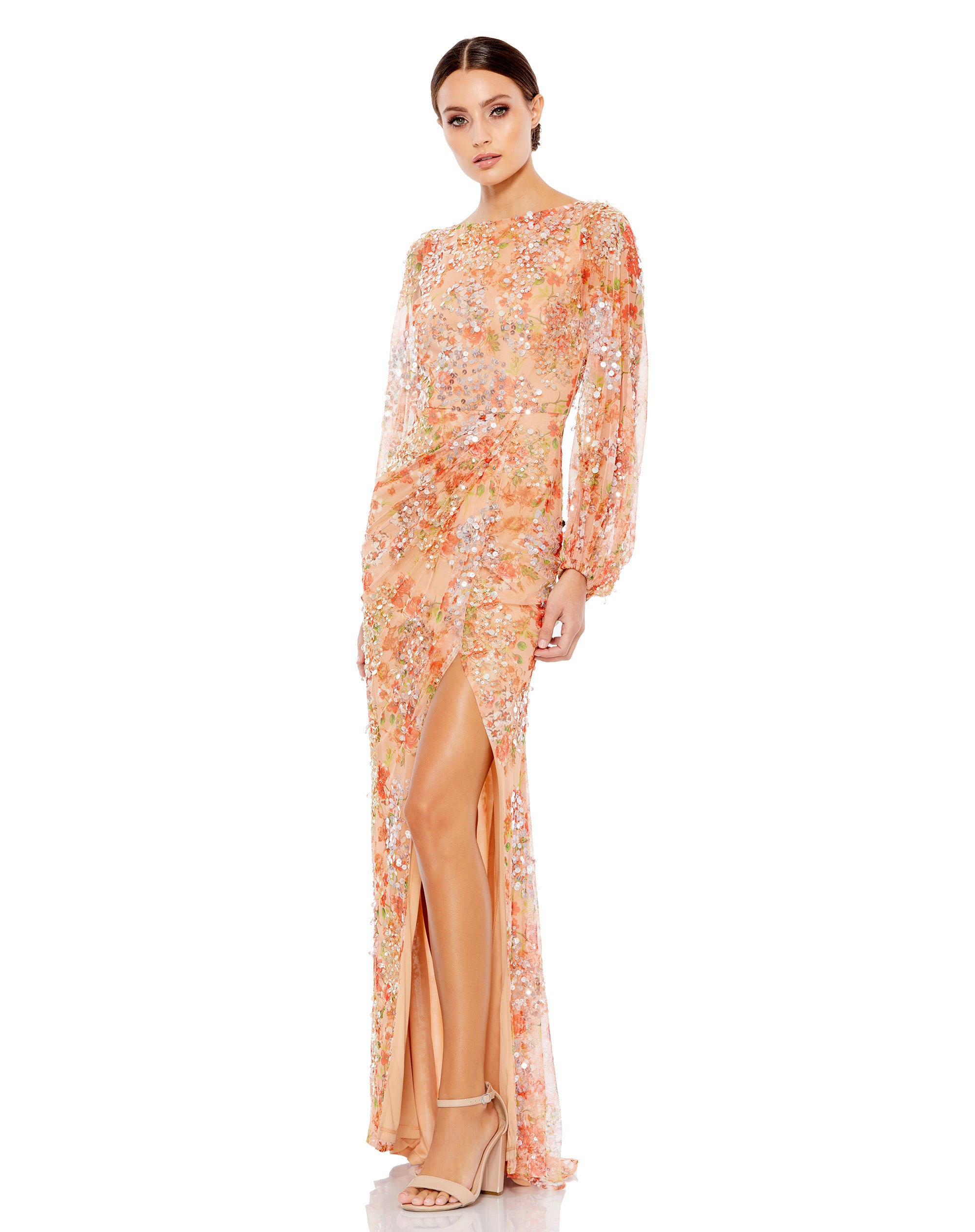 Floral Print Sequined Puff Sleeve Gown