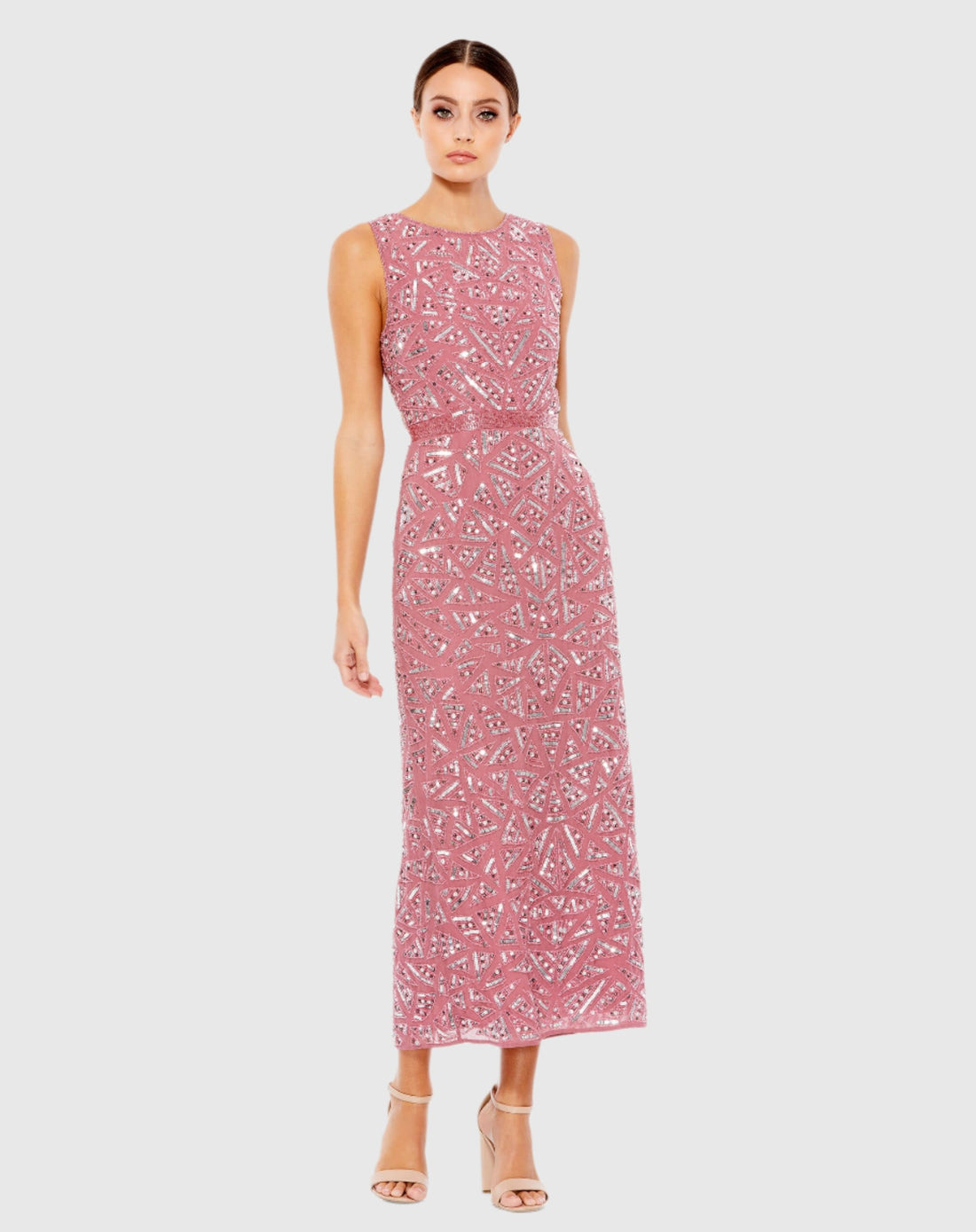 Pink Geometric Patterned Sequin Midi Dress - Mac Duggal