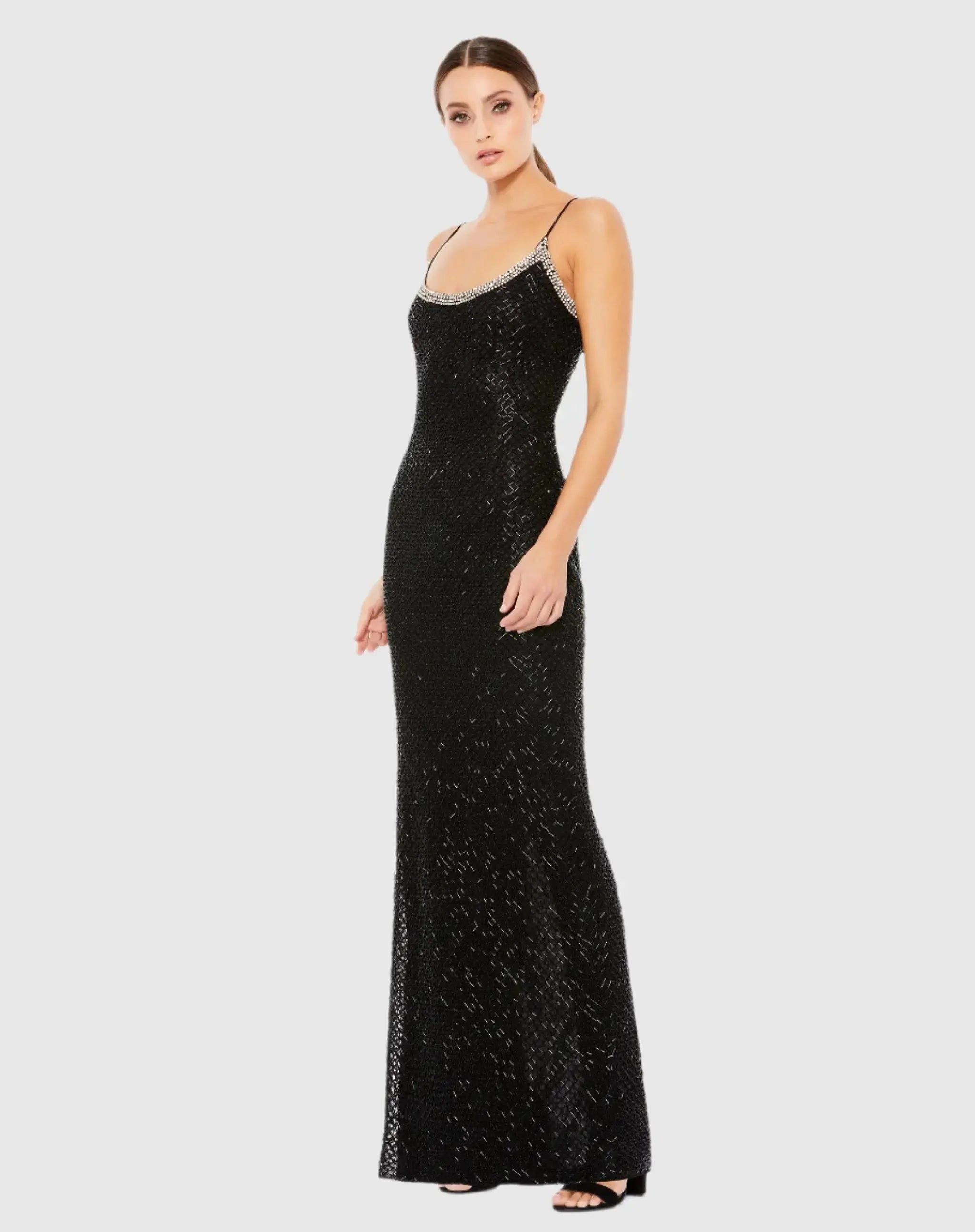 Black Beaded Spaghetti Strap Column Gown - Mac Duggal