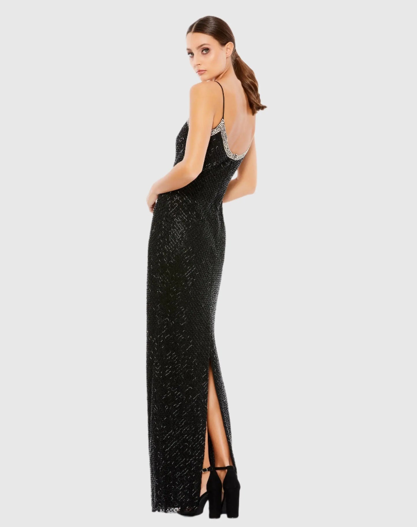 Black Beaded Spaghetti Strap Column Gown - Mac Duggal