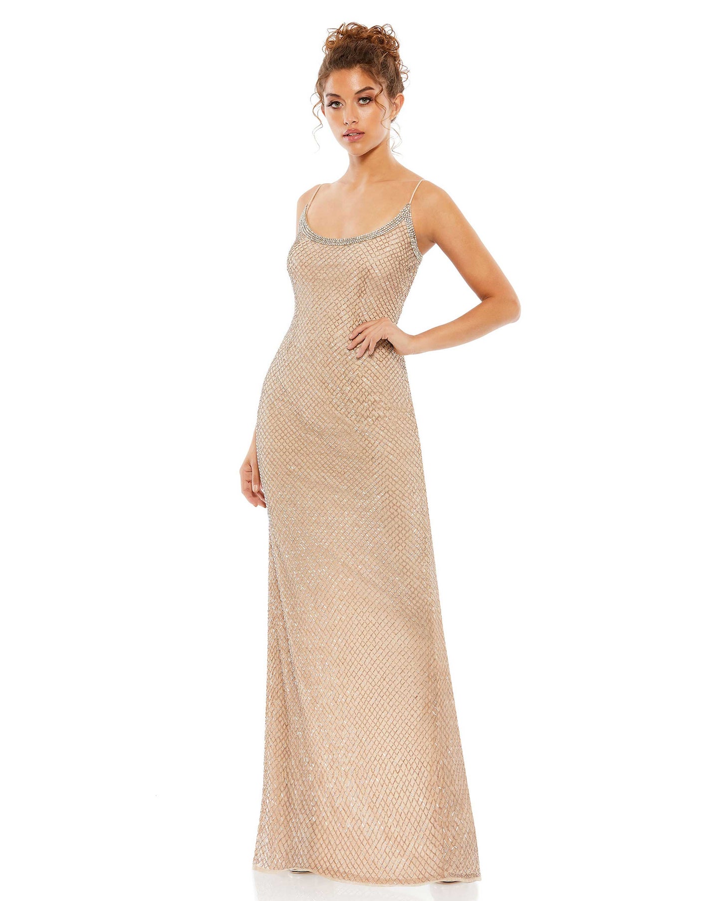 Beaded Spaghetti Strap Column Gown