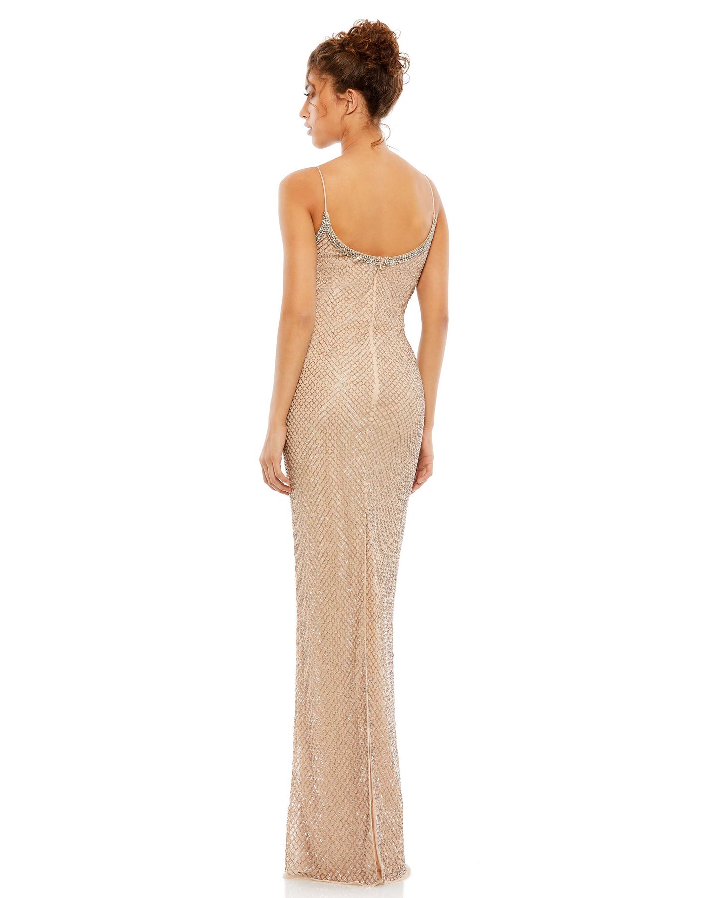 Beaded Spaghetti Strap Column Gown