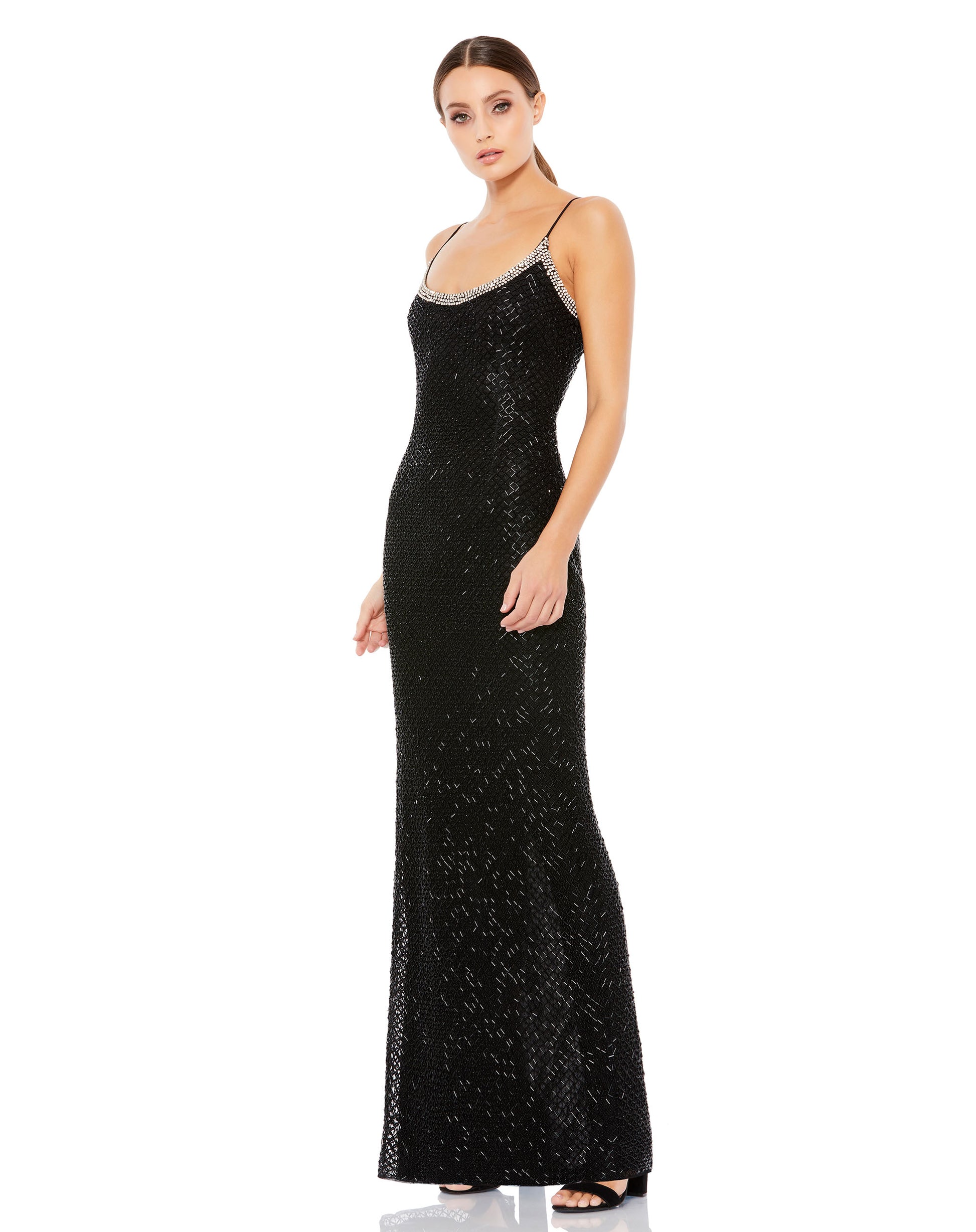 Beaded Spaghetti Strap Column Gown