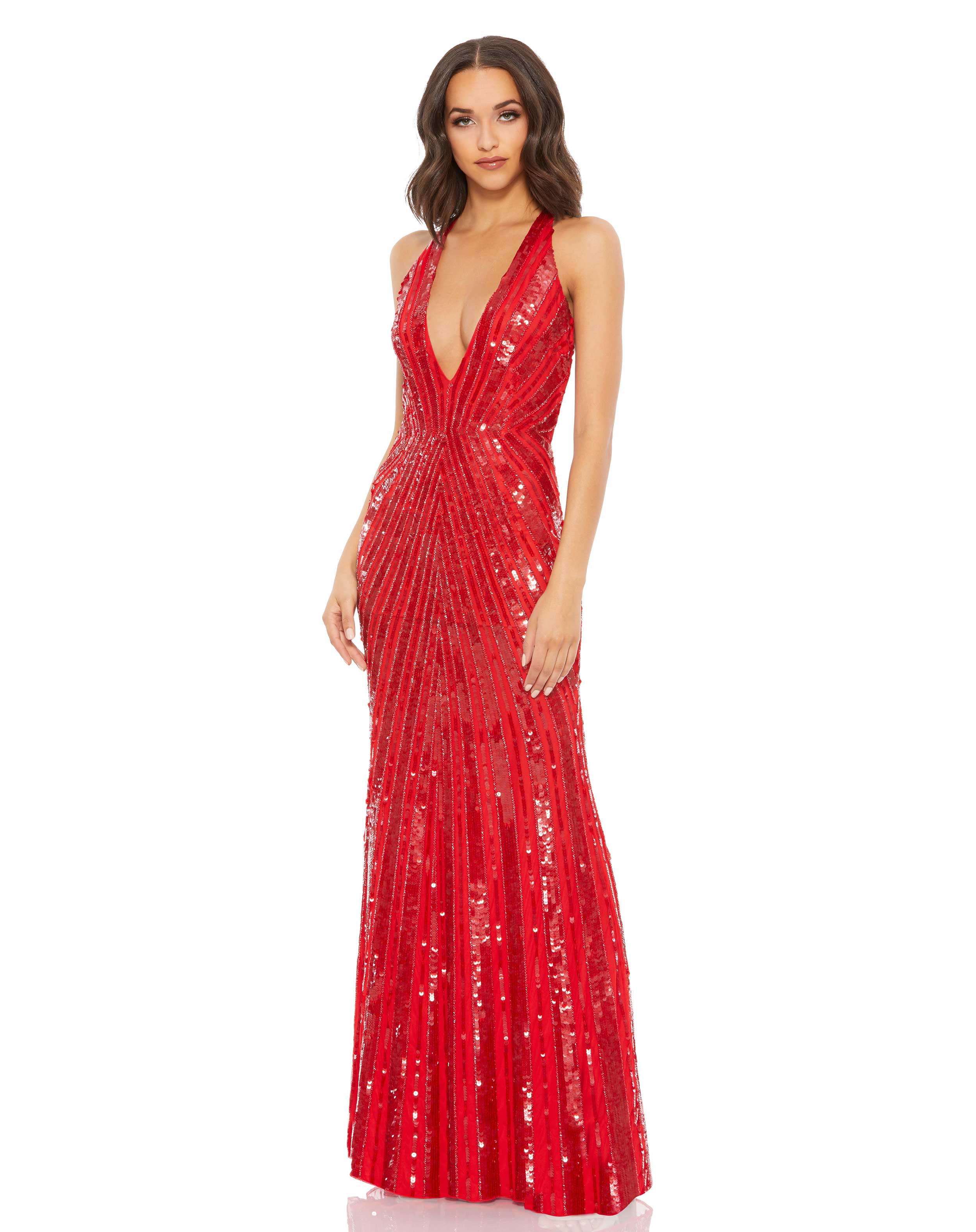 Sequined Deep V Strappy Open Back Gown