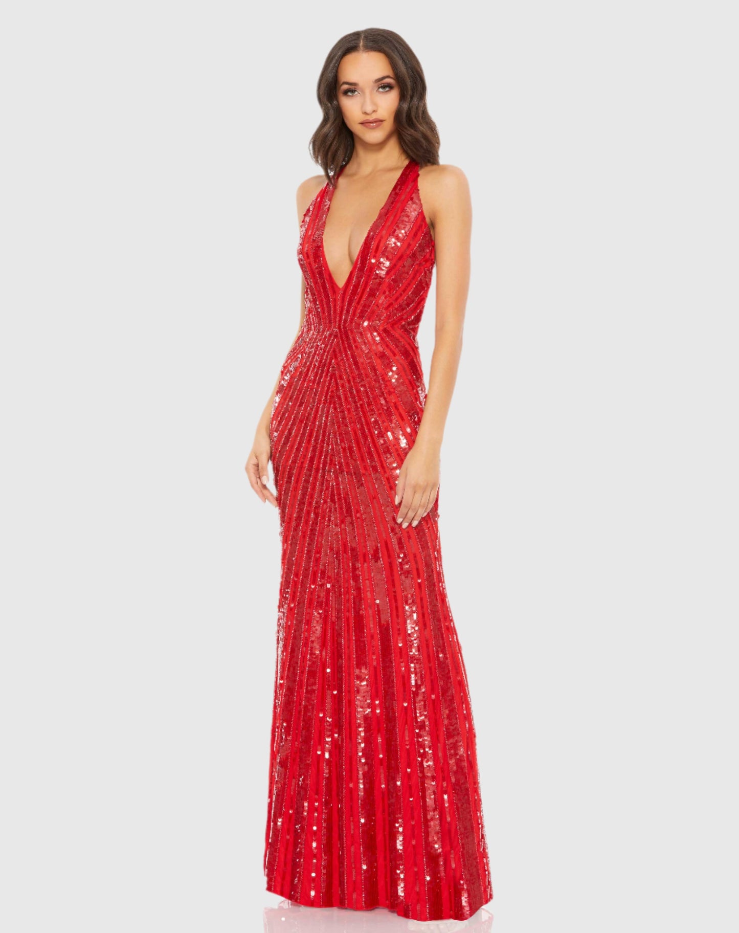 Sequined Deep V Strappy Open Back Gown