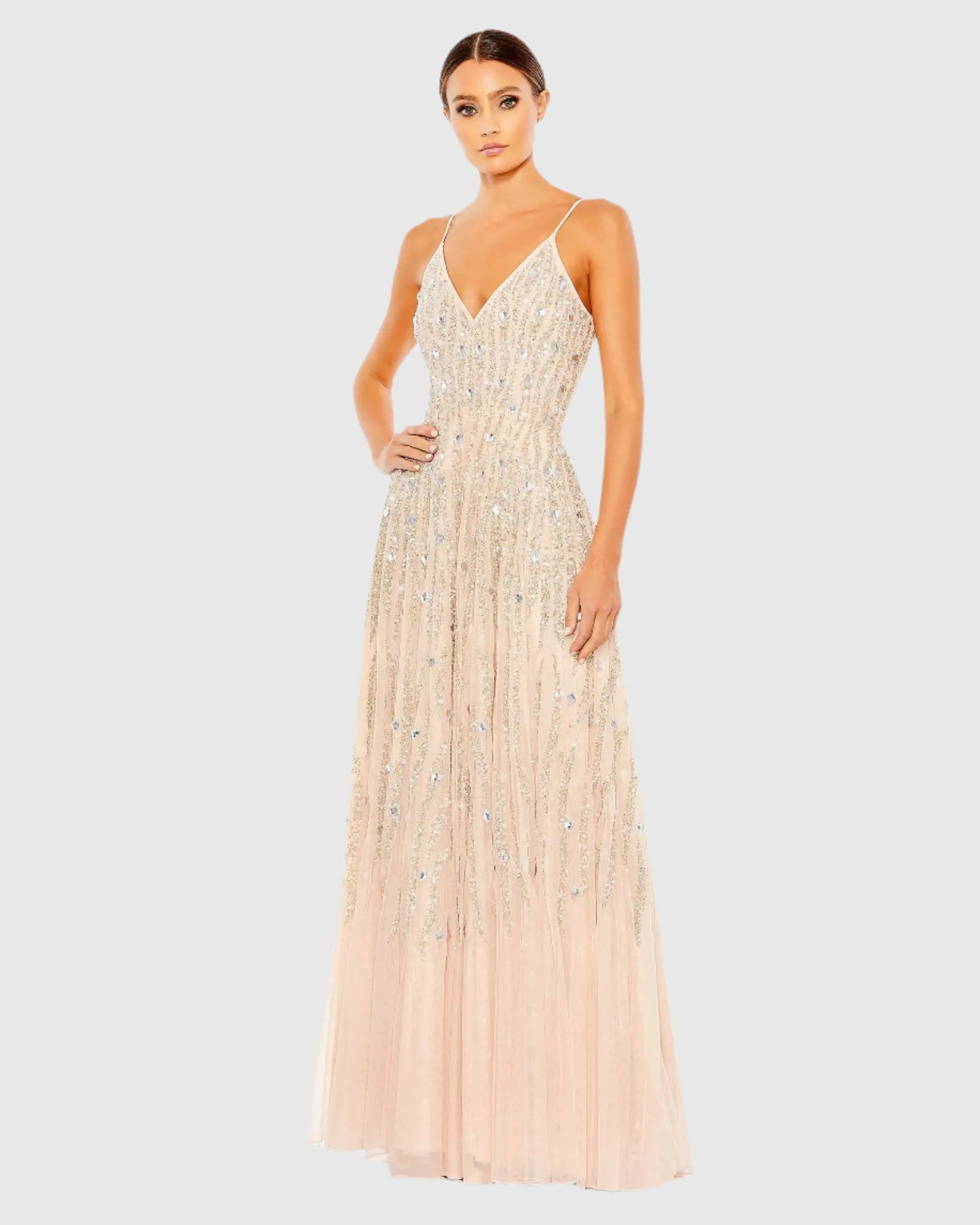 Pink Embellished V Neck Sleeveless A Line Gown
