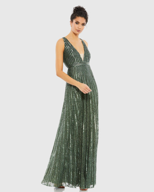 Green Sequined Sleeveless Plunge Neck Flowy Gown