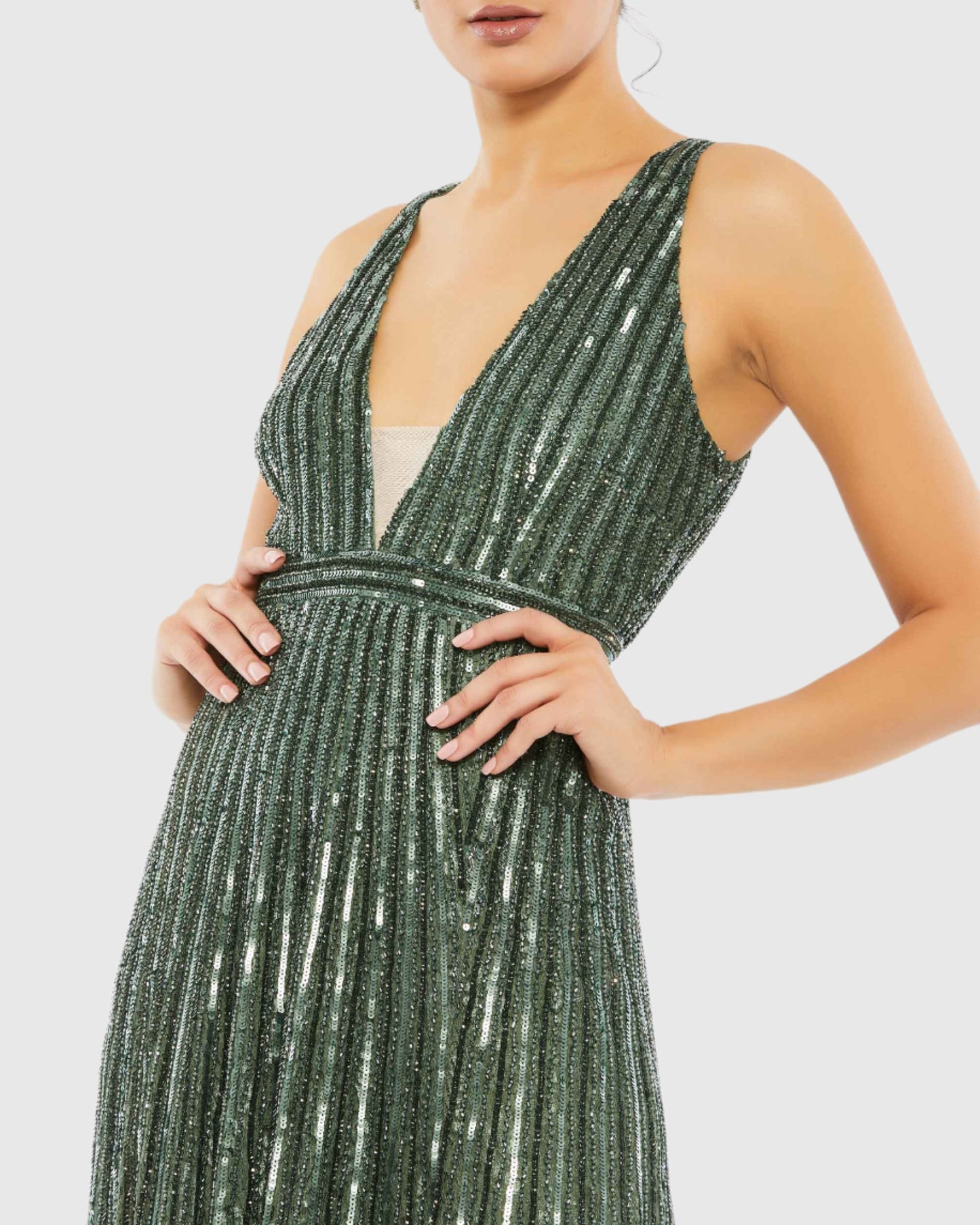 Sequined Sleeveless Plunge Neck Flowy Gown