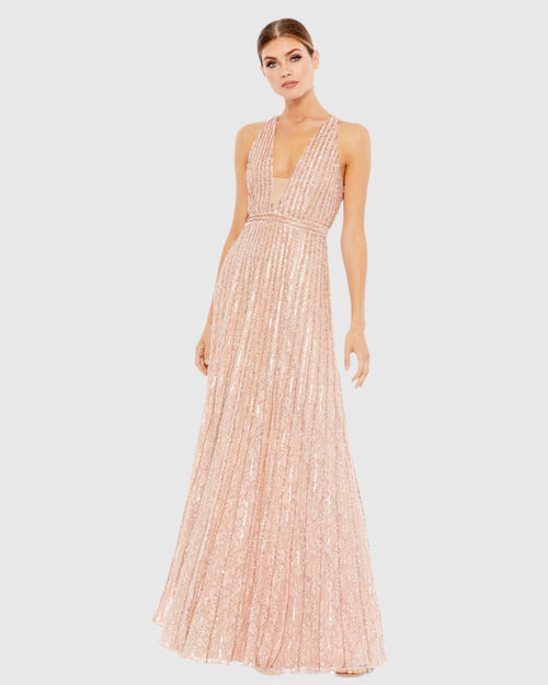 Sequined Sleeveless Plunge Neck Flowy Gown