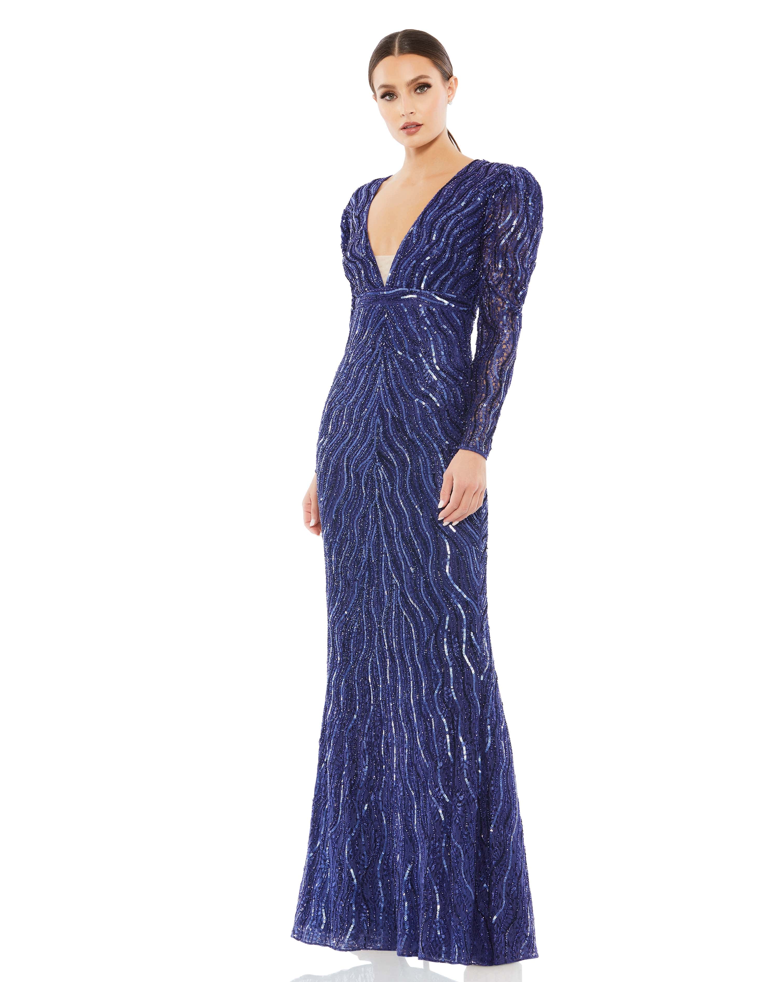 Beaded Puff Sleeve Trumpet Evening Gown