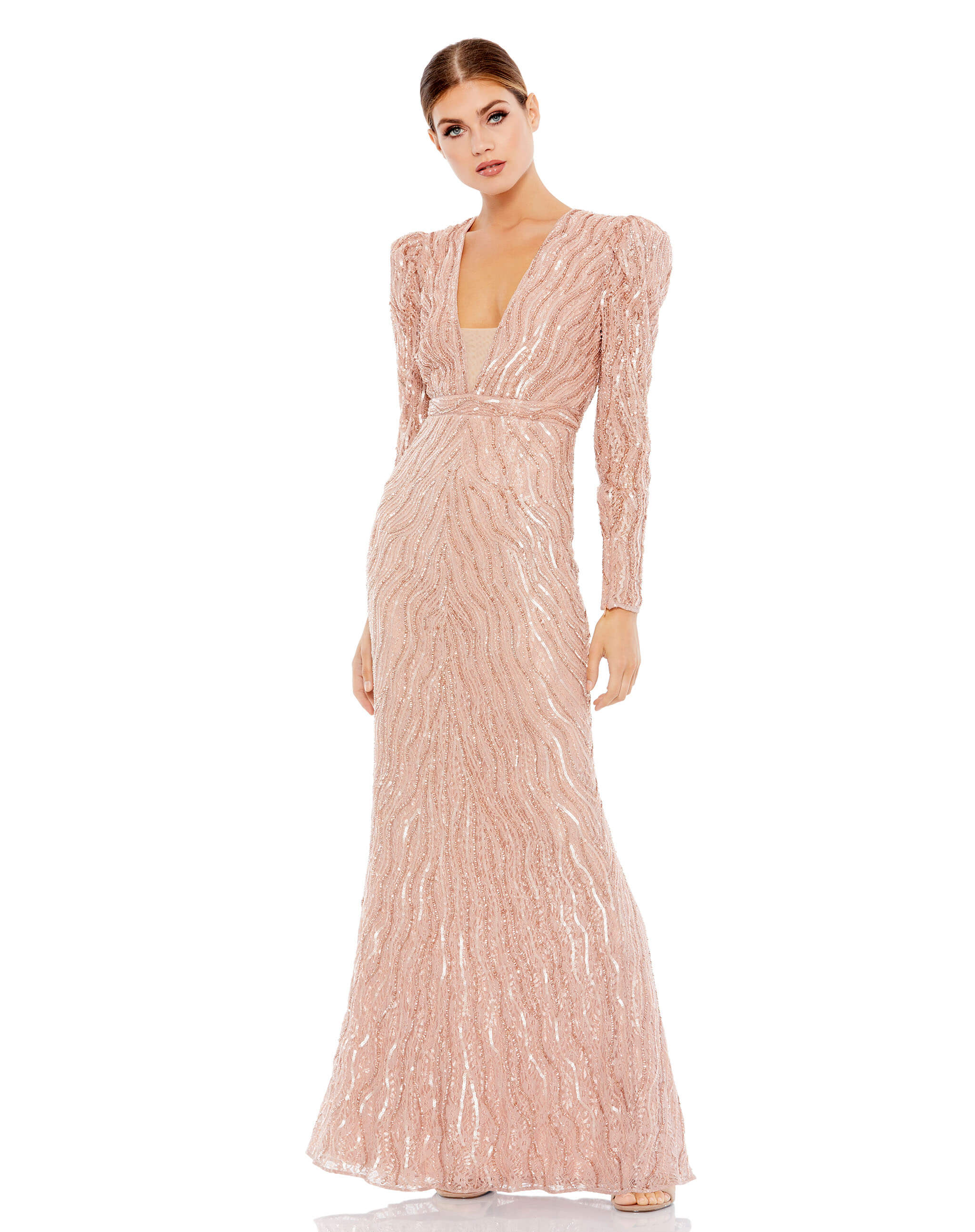 Beaded Puff Sleeve Trumpet Evening Gown