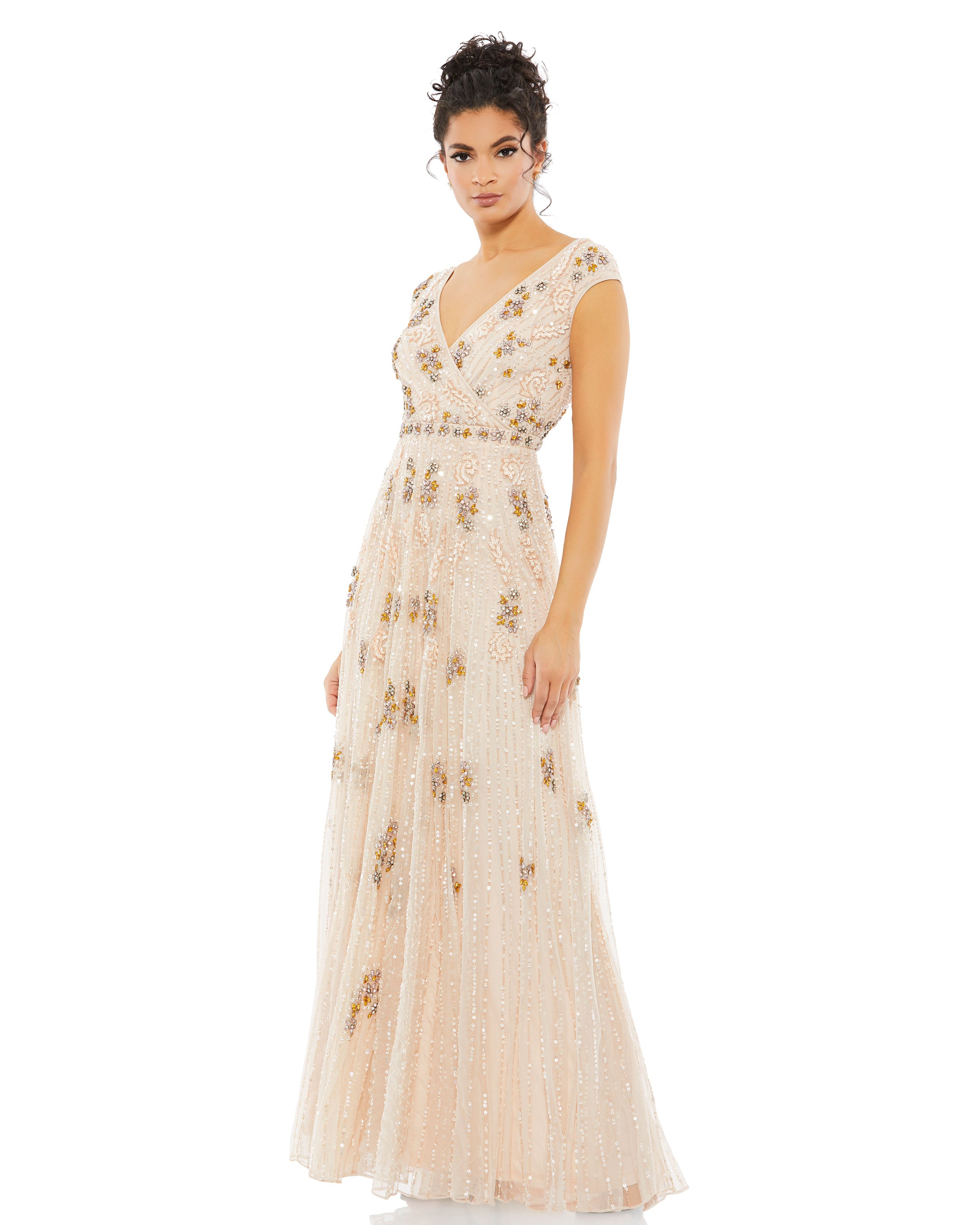 Embellished Wrap Over Cap Sleeve A-Line Gown