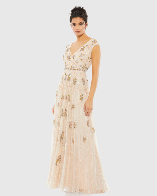 Embellished Wrap Over Cap Sleeve A-Line Gown