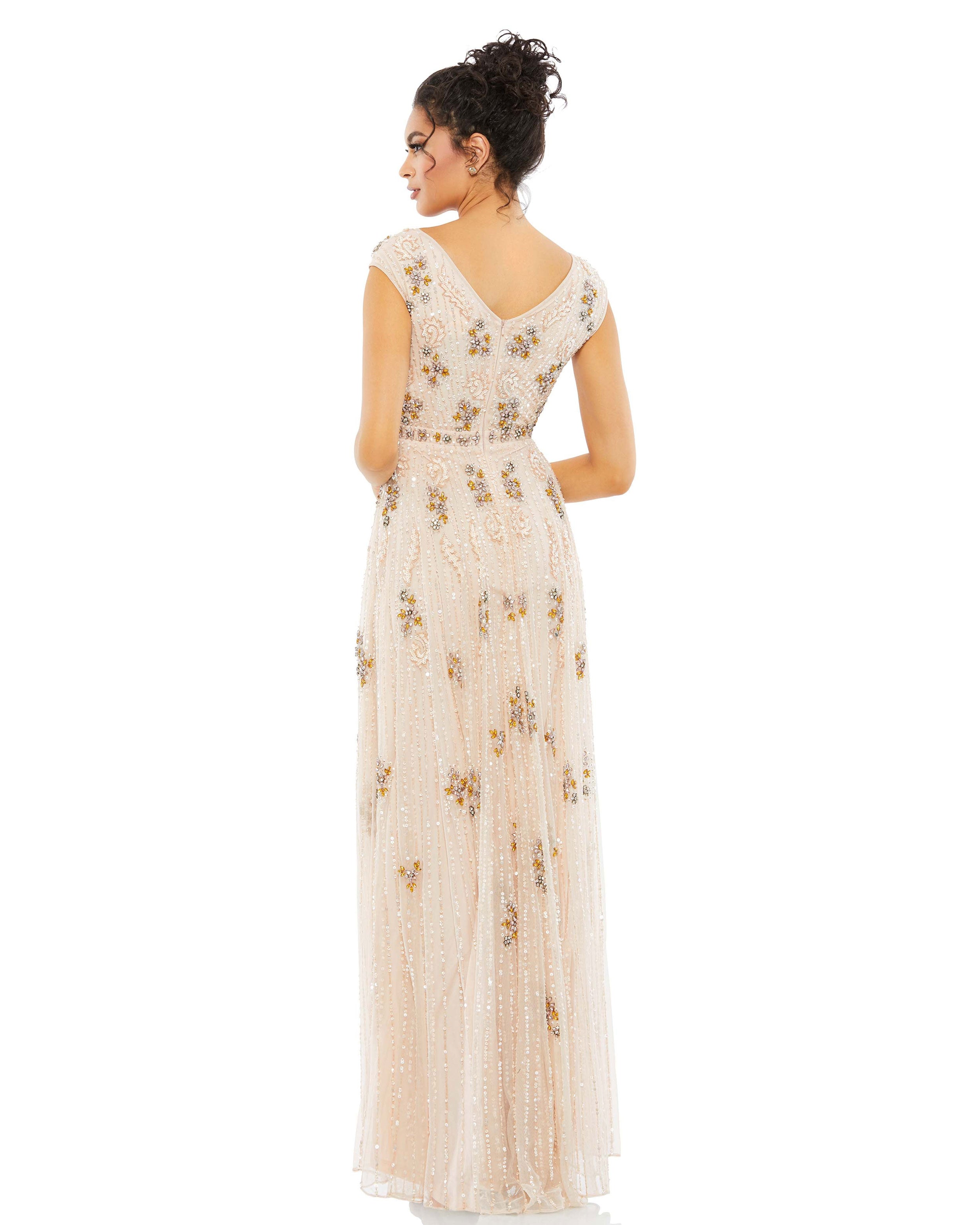 Embellished Wrap Over Cap Sleeve A-Line Gown