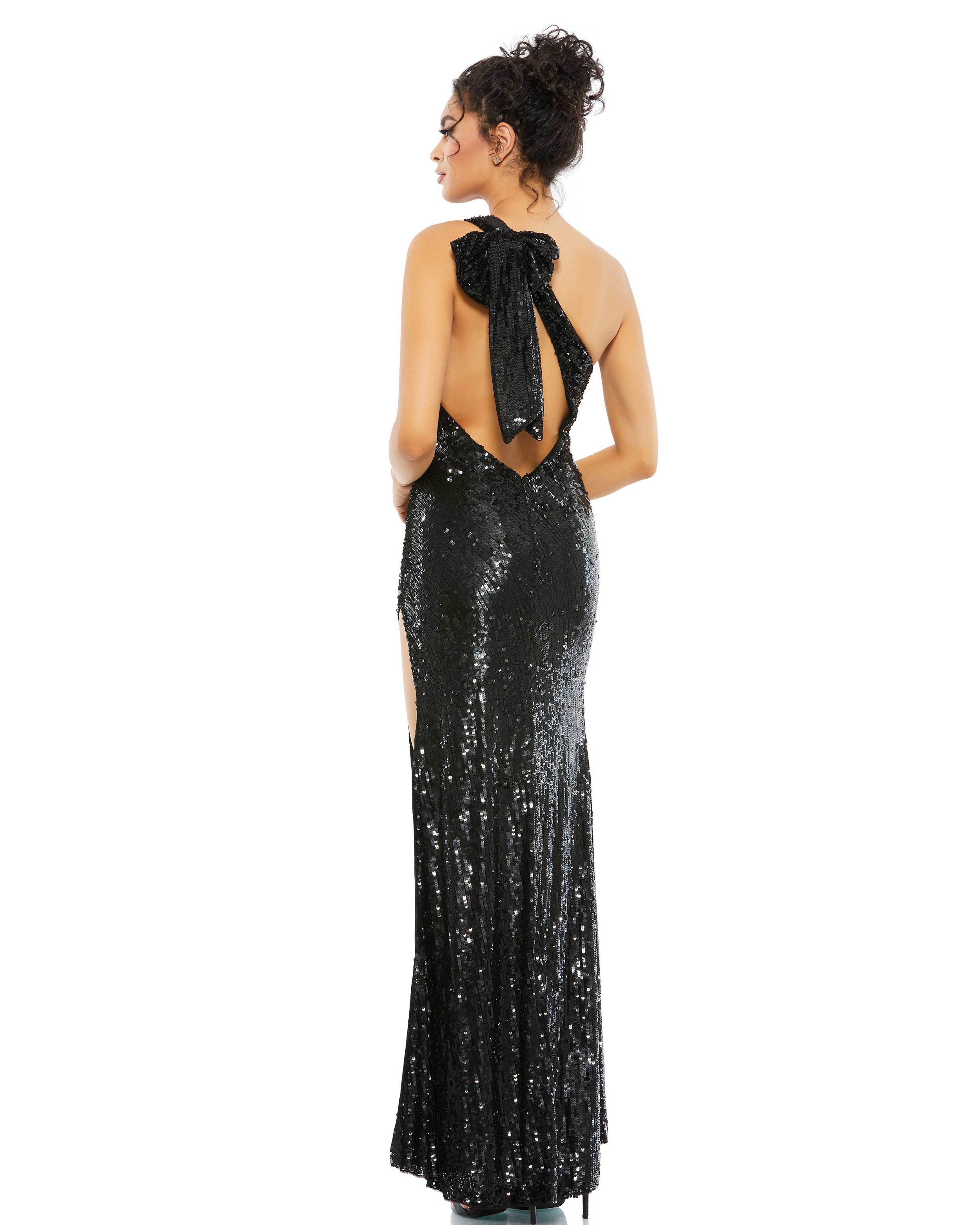 Sequined One Shoulder Back Bow Detail Gown