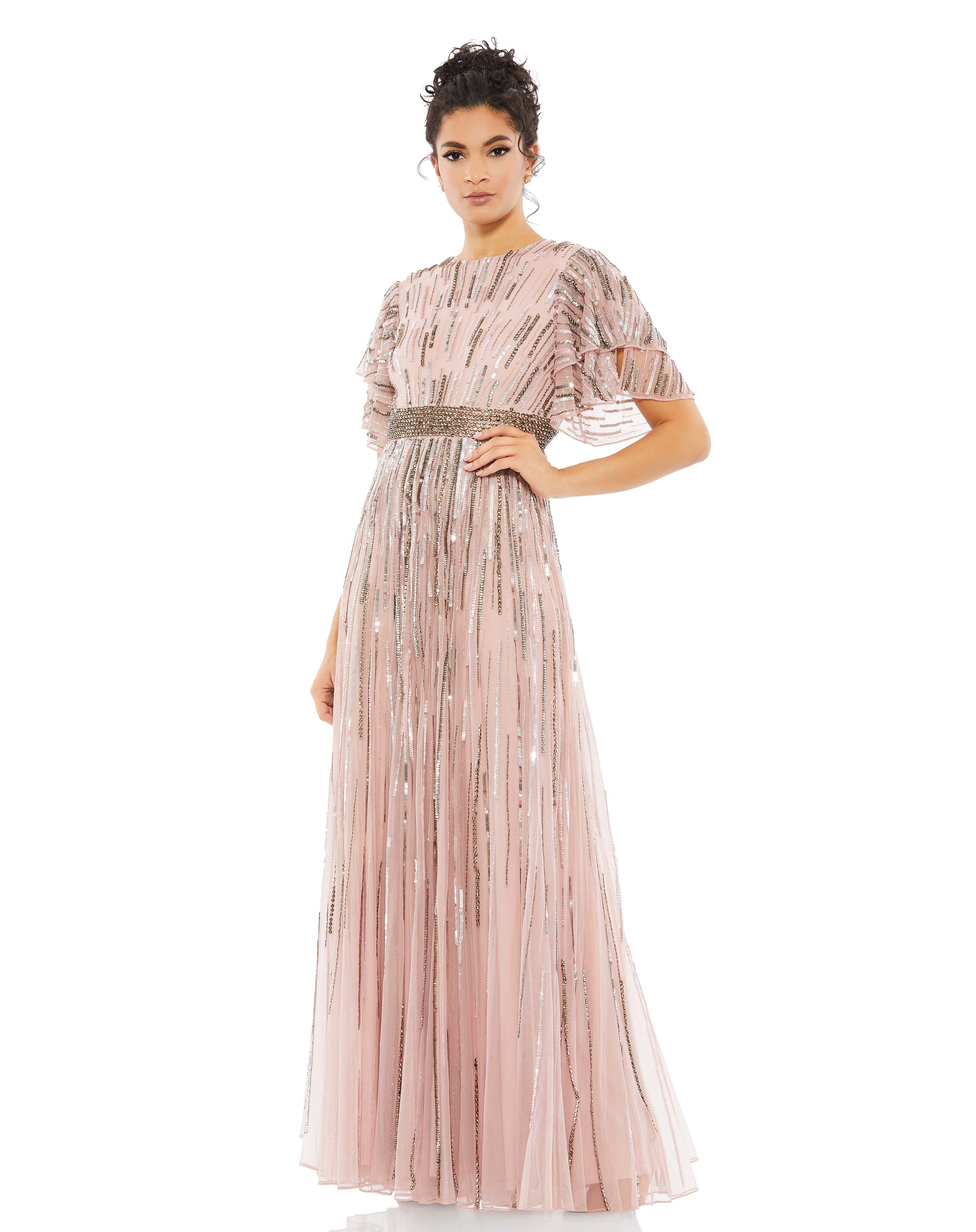 Embellished Full Length Layered Sleeve Gown