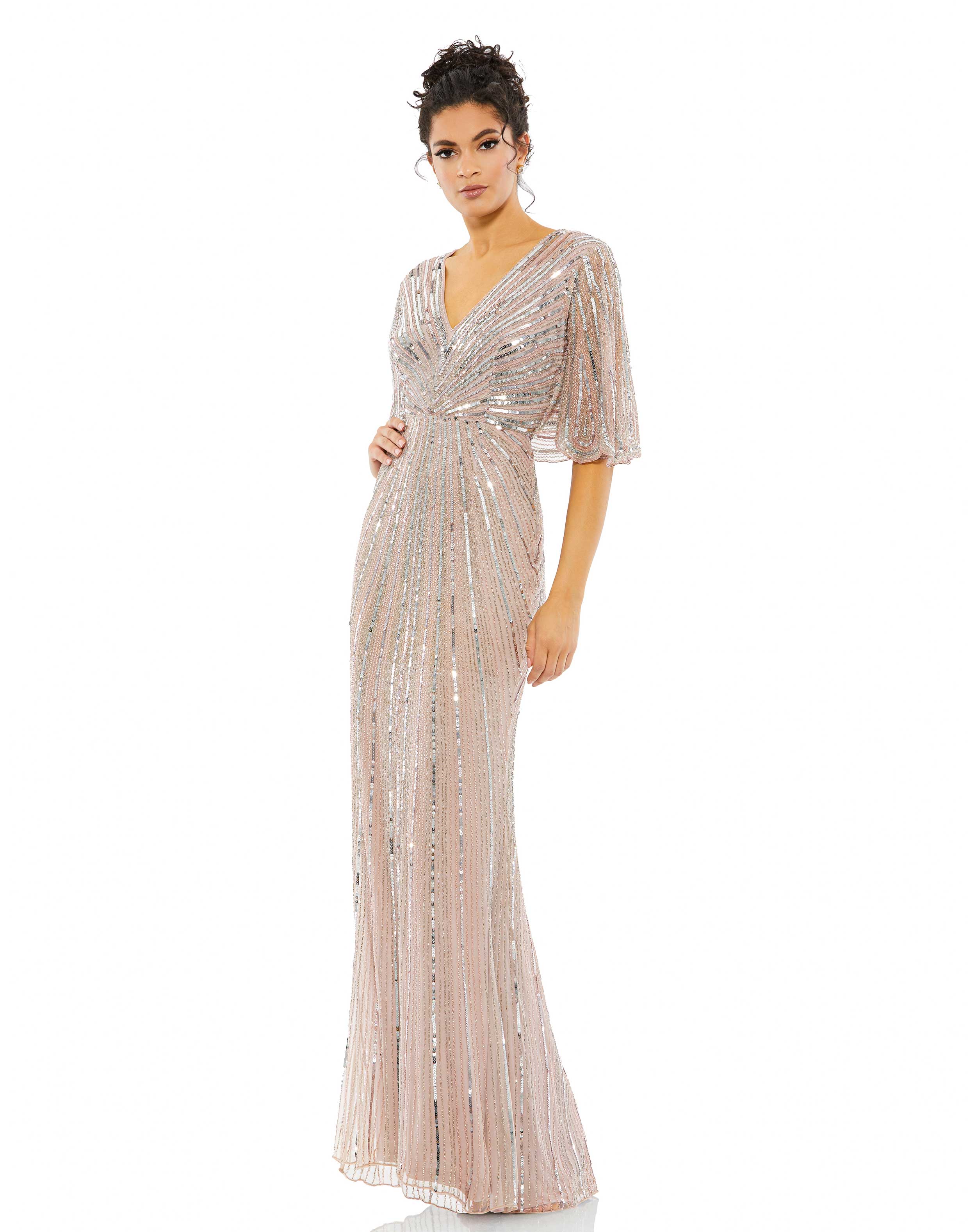 Sequined V Neck Cape Sleeve Column Gown