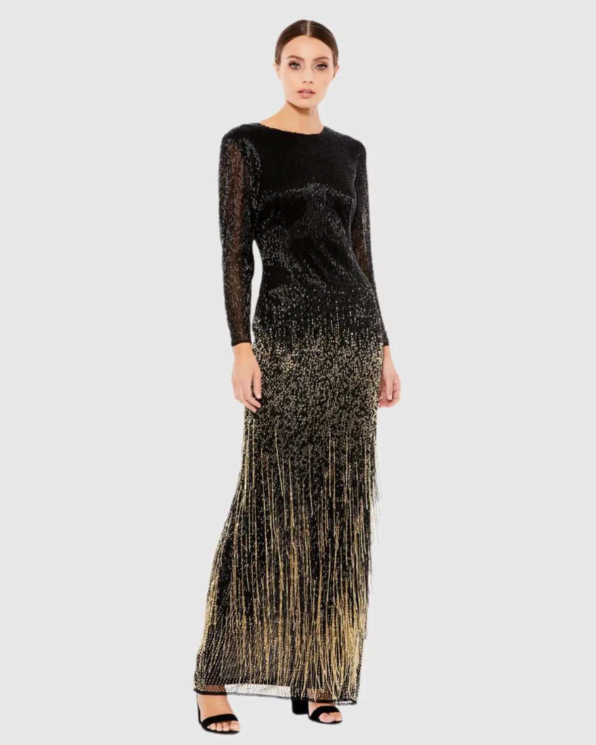 Black Long Sleeve Beaded Fringe Evening Gown - Mac Duggal