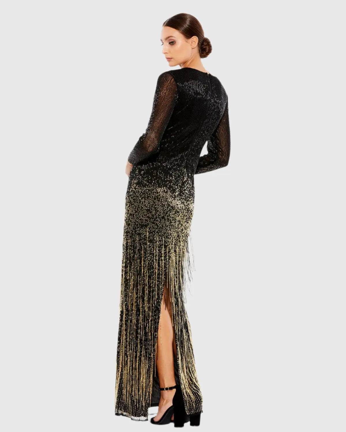 Black Long Sleeve Beaded Fringe Evening Gown - Mac Duggal