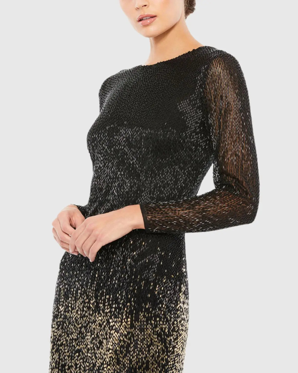 Black Long Sleeve Beaded Fringe Evening Gown - Mac Duggal